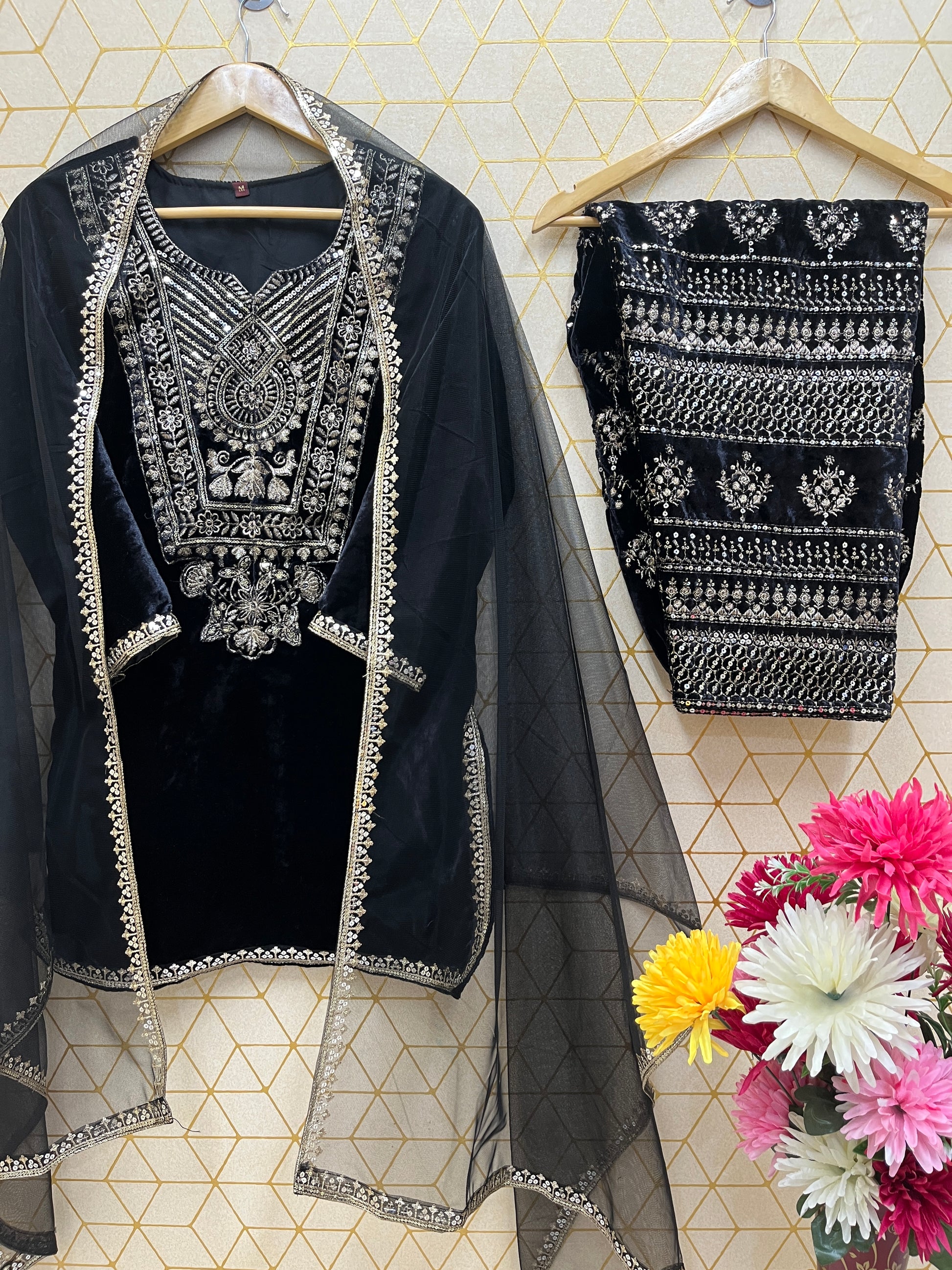 Viscose Velvet Heavy Embroidered Suit Set with Butterfly Net Dupatta – Fully Stitched