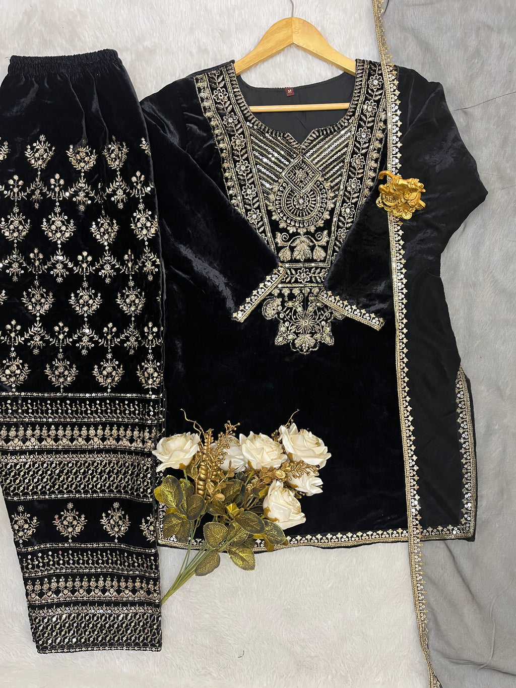 Viscose Velvet Heavy Embroidered Suit Set with Butterfly Net Dupatta – Fully Stitched
