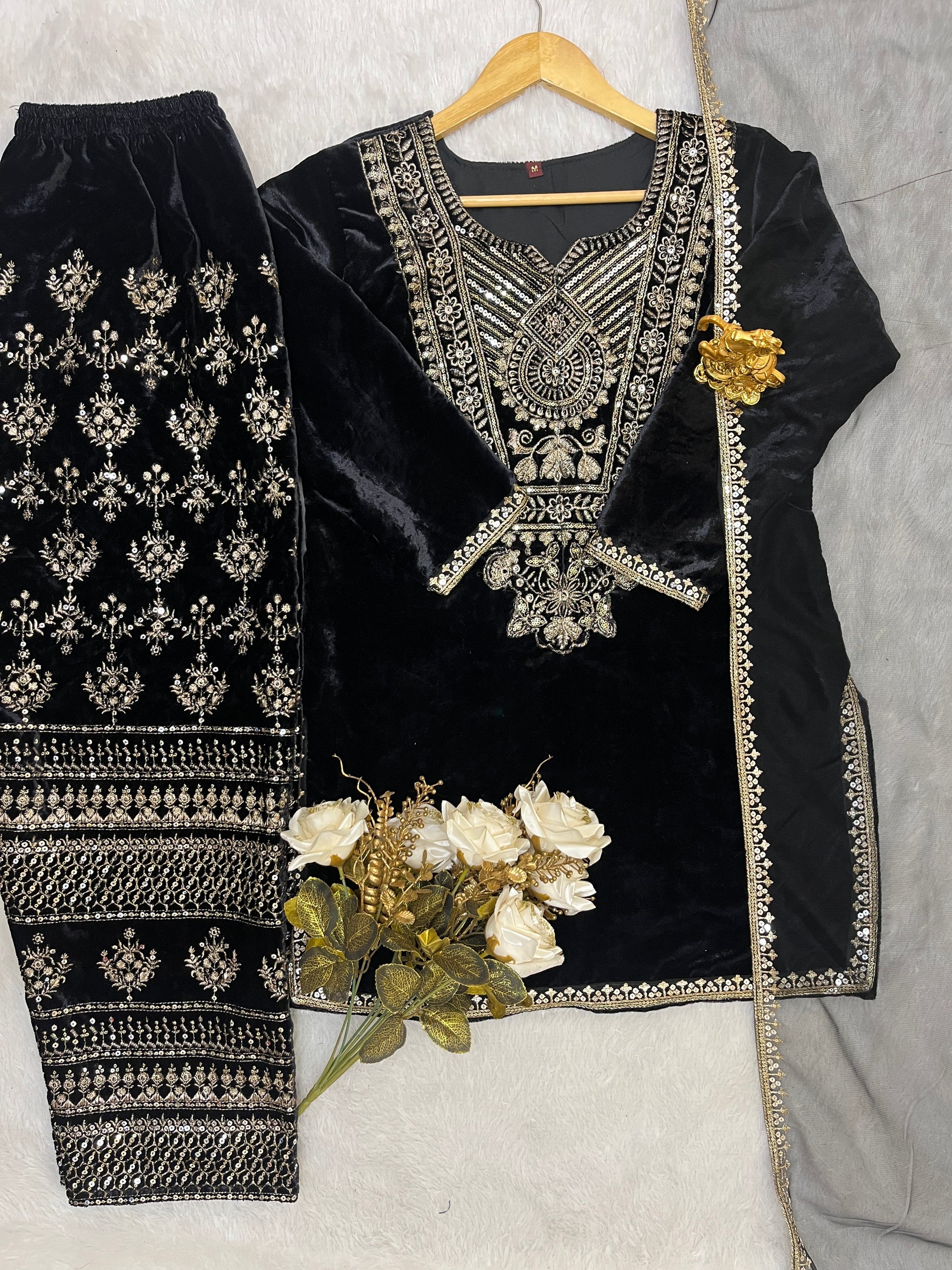 Viscose Velvet Heavy Embroidered Suit Set with Butterfly Net Dupatta – Fully Stitched