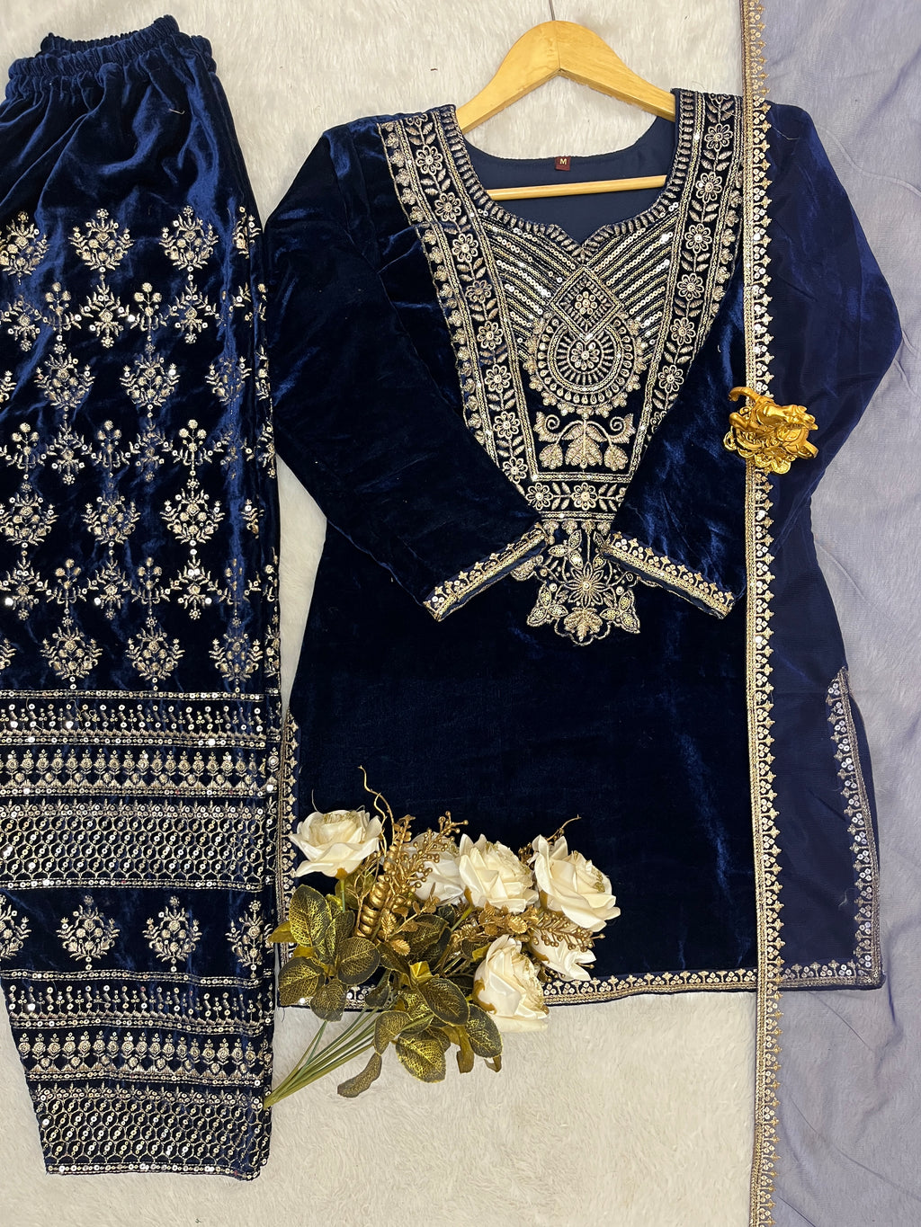 Viscose Velvet Heavy Embroidered Suit Set with Butterfly Net Dupatta – Fully Stitched
