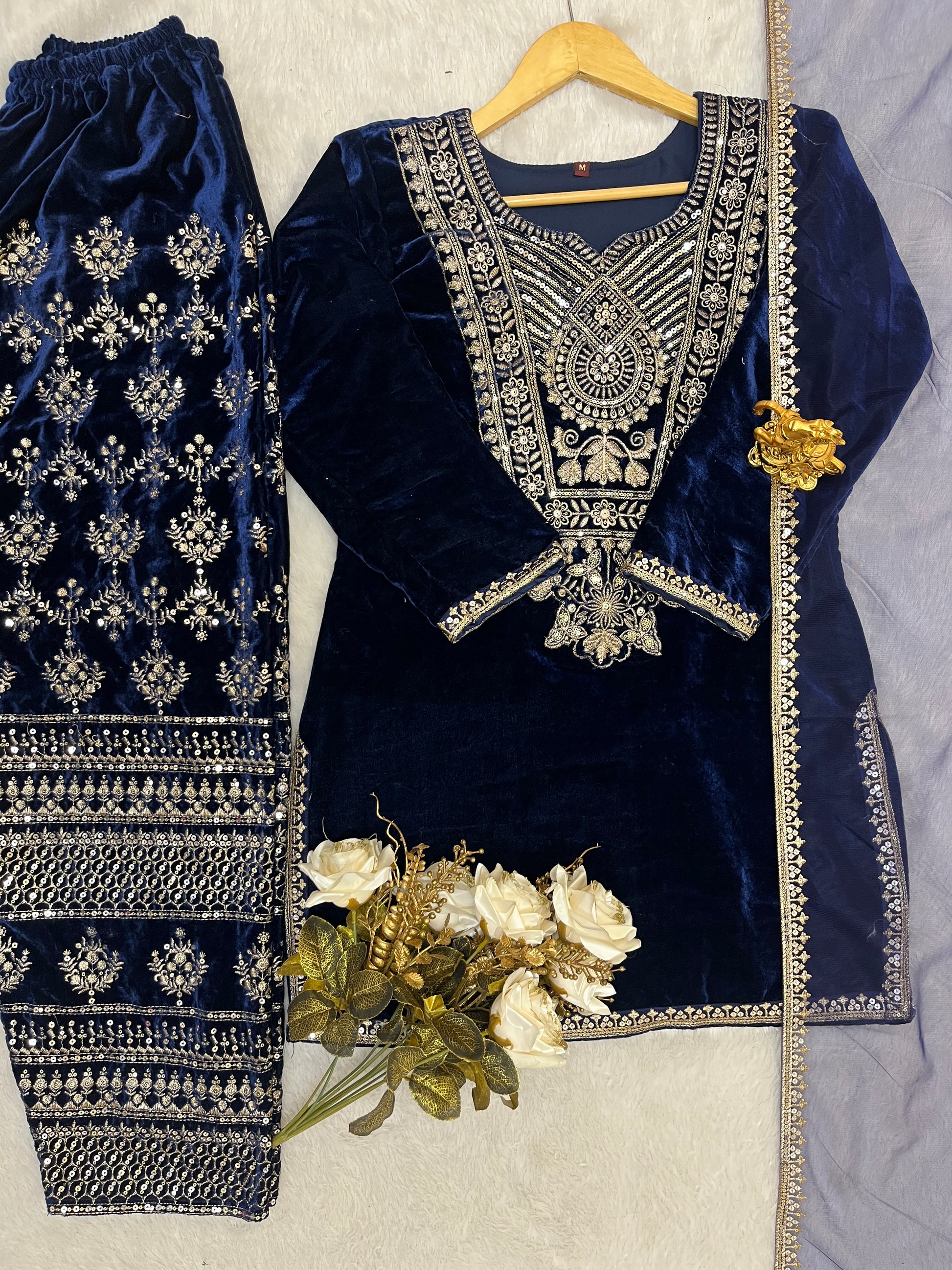 Viscose Velvet Heavy Embroidered Suit Set with Butterfly Net Dupatta – Fully Stitched