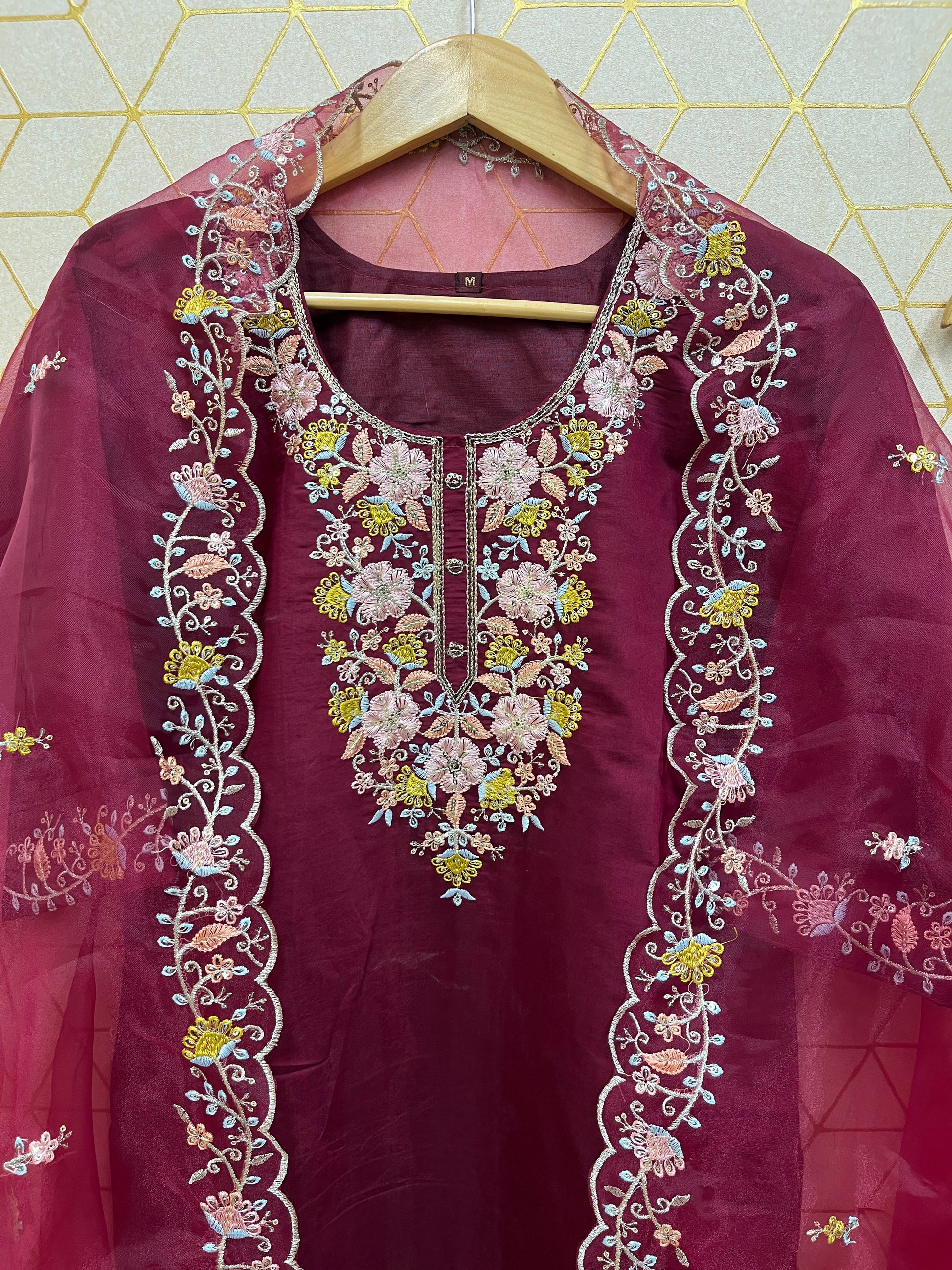 Teal Roman Silk Embroidered Suit Set with Organza Dupatta – Fully Stitched
