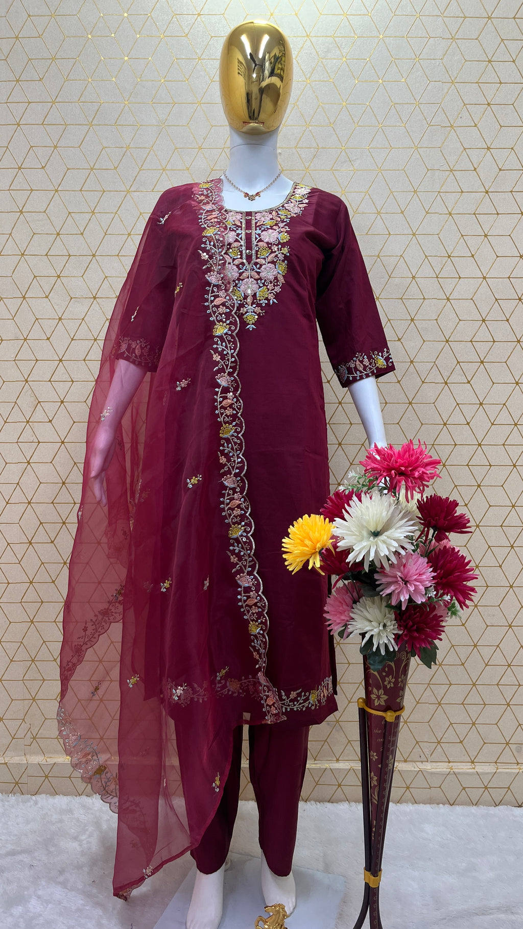 Teal Roman Silk Embroidered Suit Set with Organza Dupatta – Fully Stitched