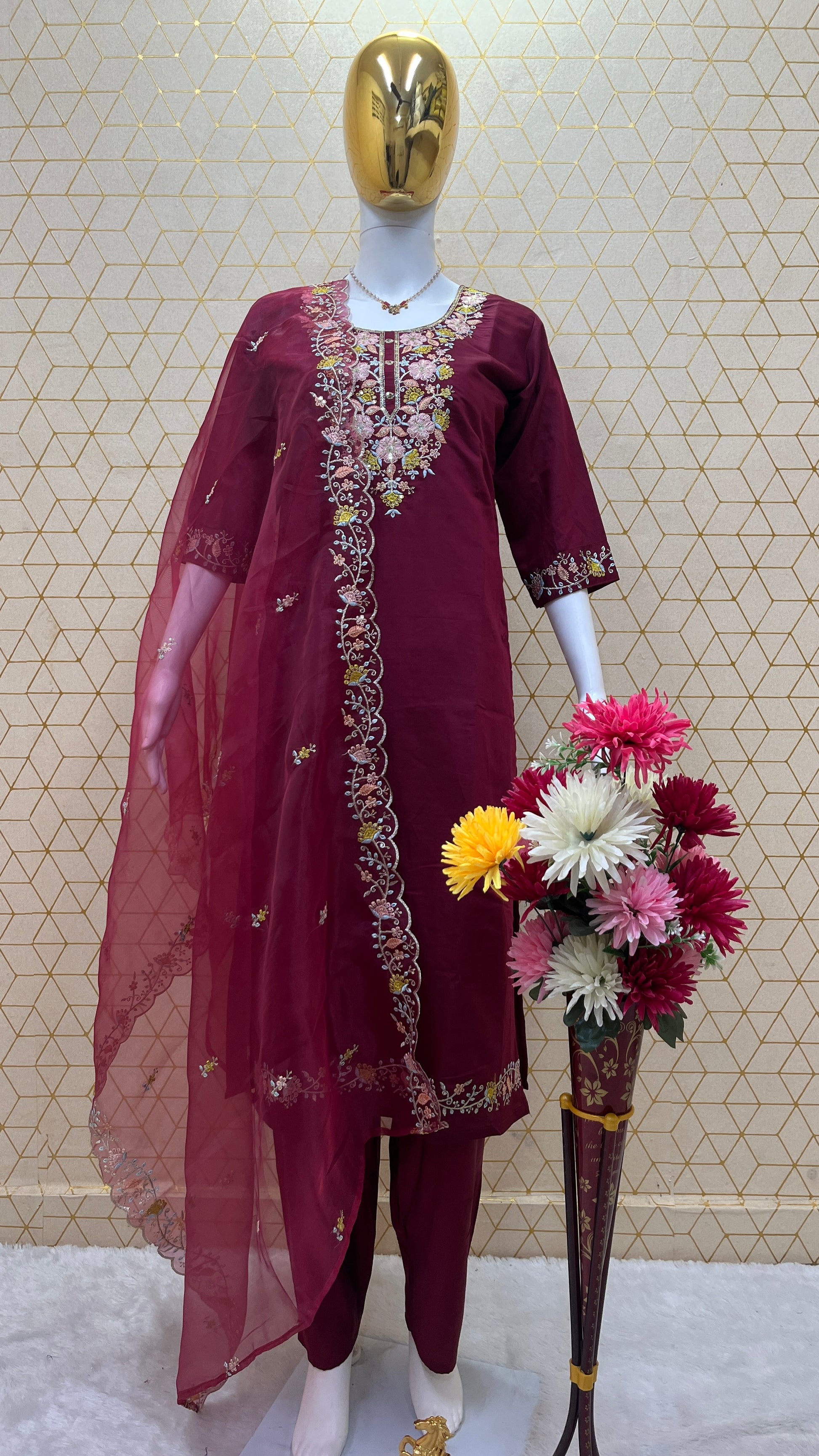 Teal Roman Silk Embroidered Suit Set with Organza Dupatta – Fully Stitched