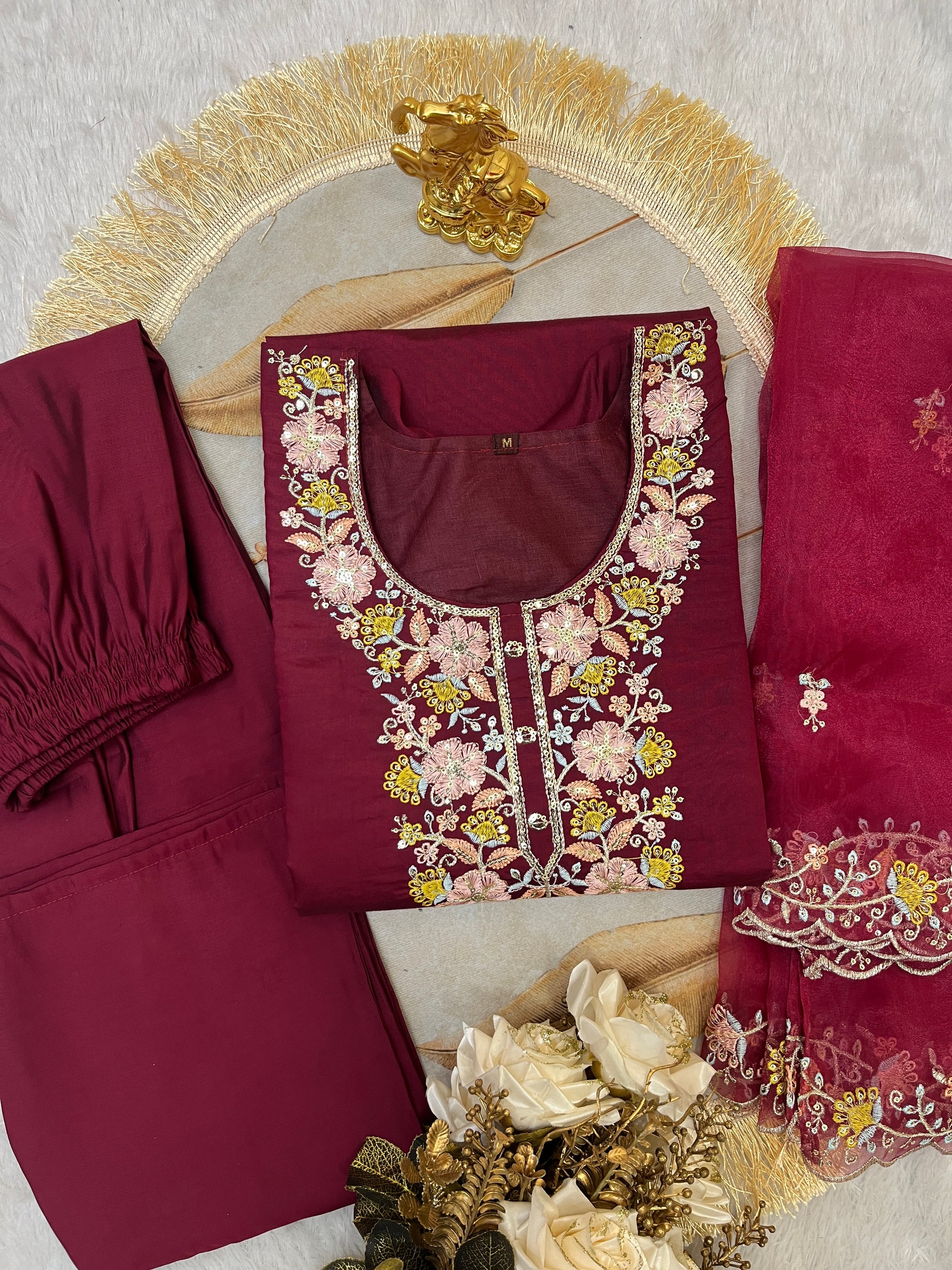 Teal Roman Silk Embroidered Suit Set with Organza Dupatta – Fully Stitched