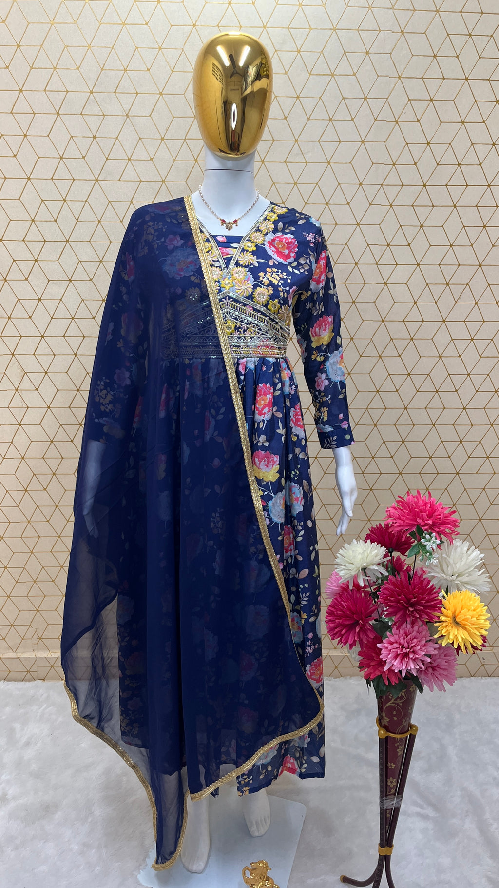 Floral Chinon Silk Anarkali Dress with Embroidery & Dupatta – Fully Stitched