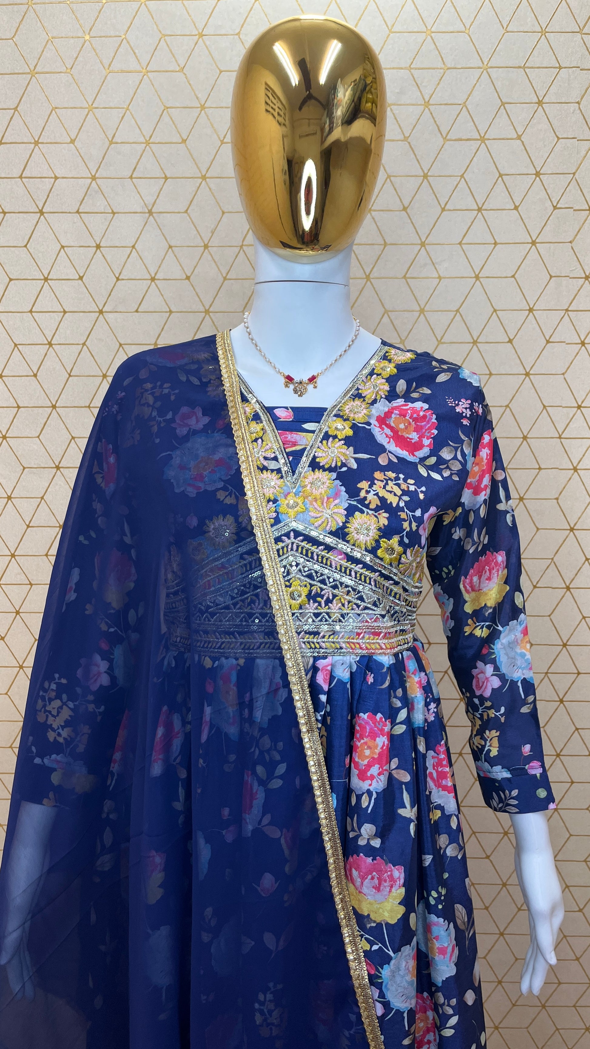 Floral Chinon Silk Anarkali Dress with Embroidery & Dupatta – Fully Stitched