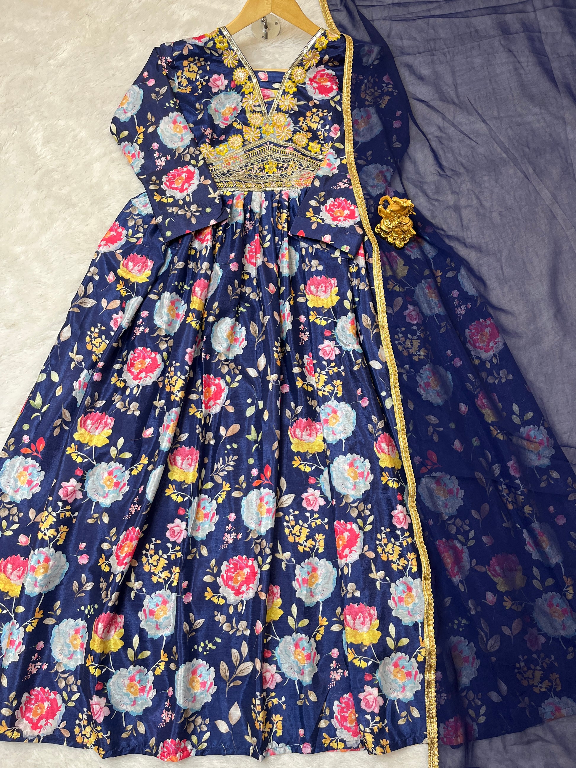 Floral Chinon Silk Anarkali Dress with Embroidery & Dupatta – Fully Stitched