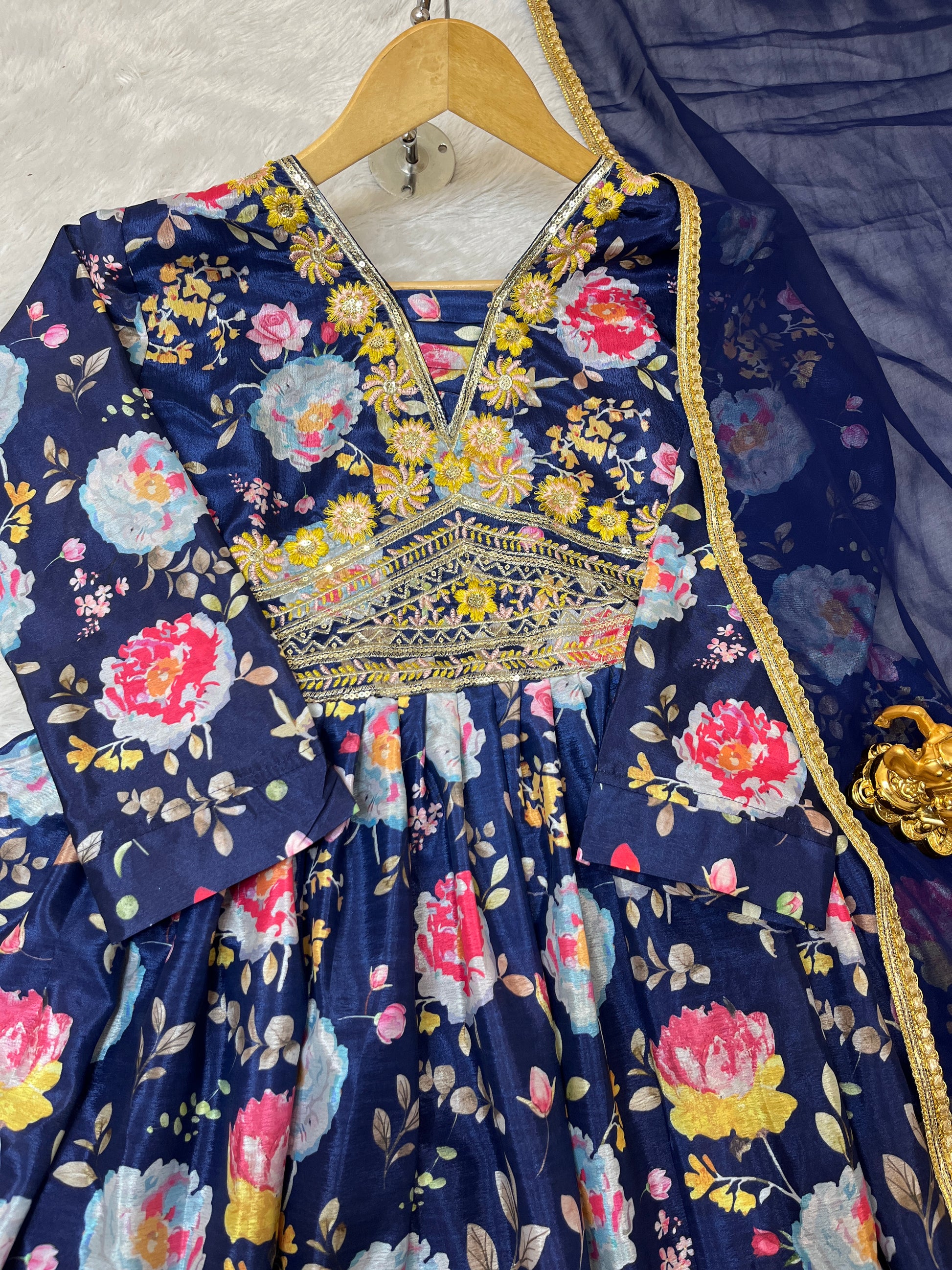 Floral Chinon Silk Anarkali Dress with Embroidery & Dupatta – Fully Stitched