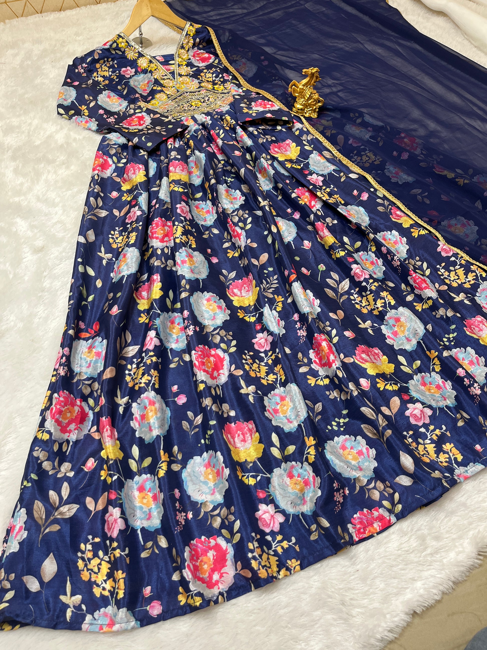 Floral Chinon Silk Anarkali Dress with Embroidery & Dupatta – Fully Stitched