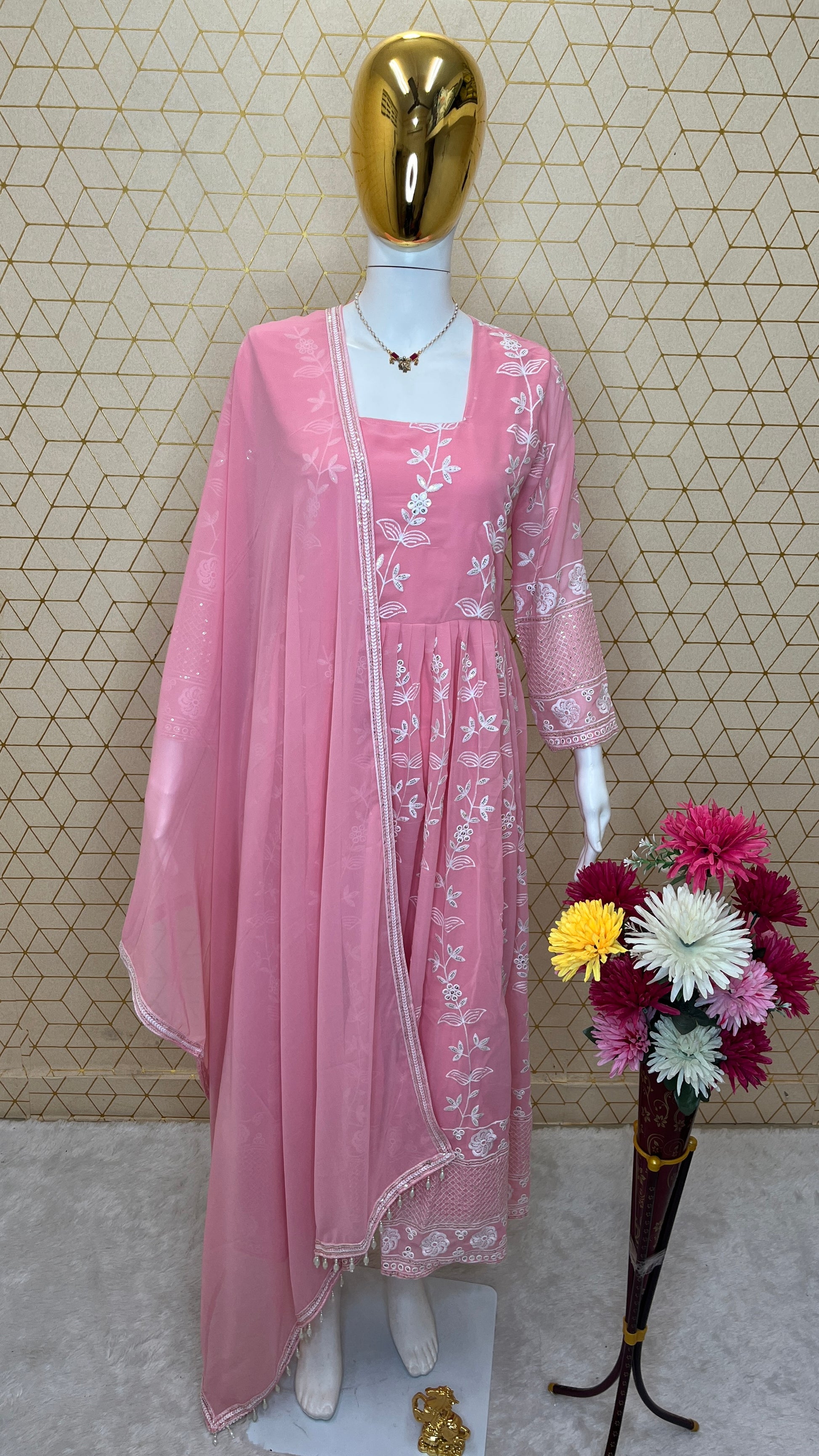 Elegant Pink Embroidered Anarkali Set – Fox Georgette with Dupatta (Fully Stitched)