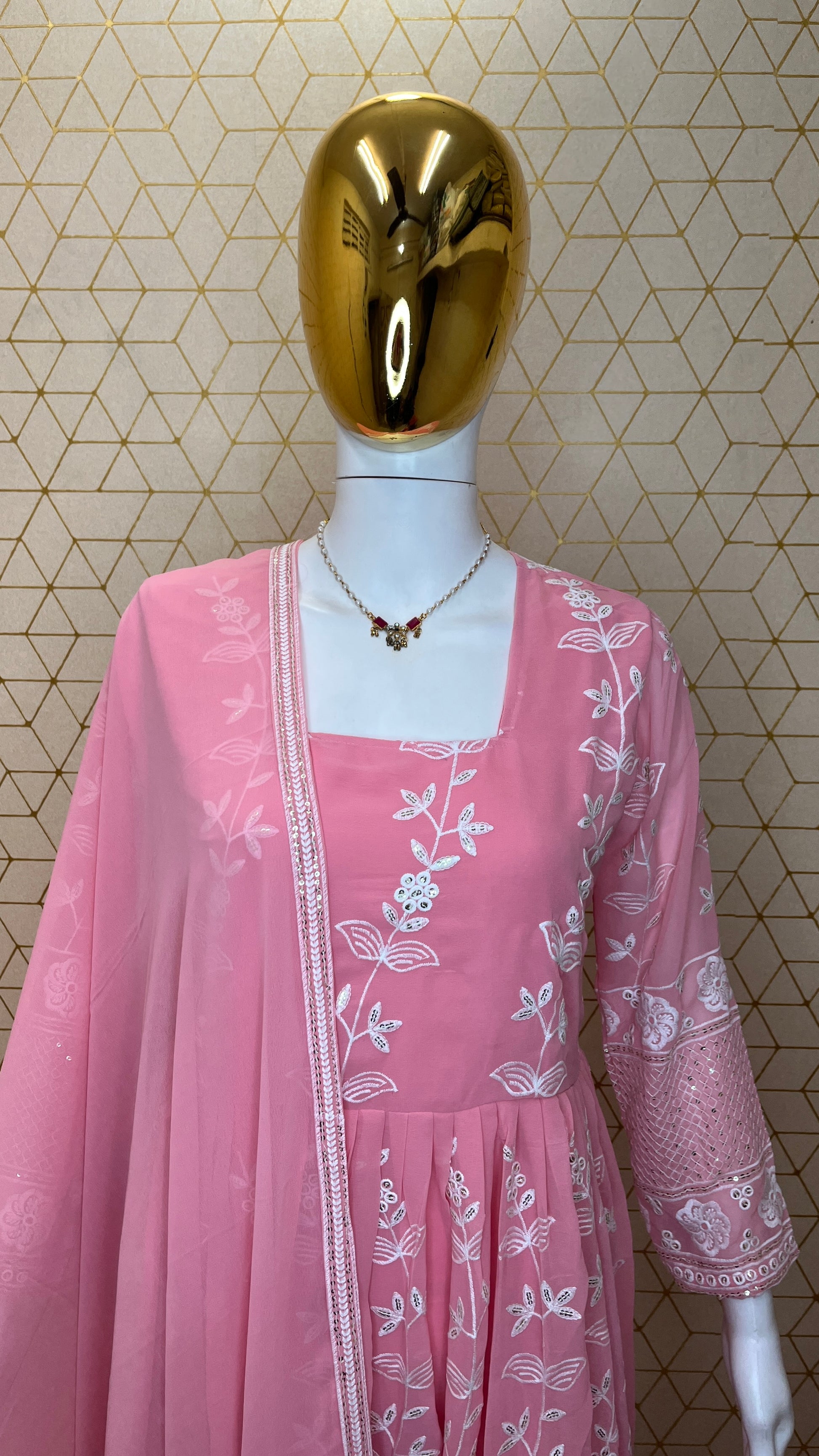 Elegant Pink Embroidered Anarkali Set – Fox Georgette with Dupatta (Fully Stitched)