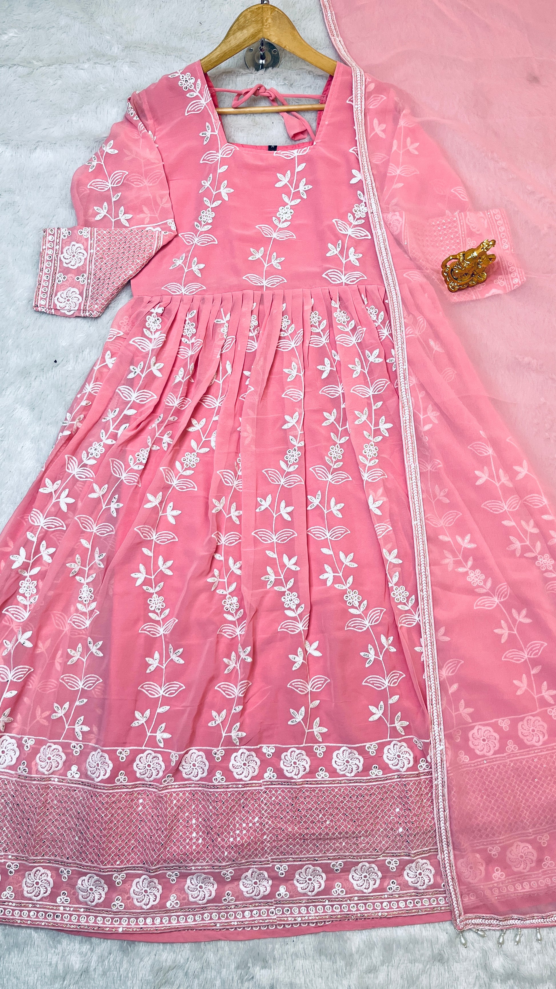 Elegant Pink Embroidered Anarkali Set – Fox Georgette with Dupatta (Fully Stitched)