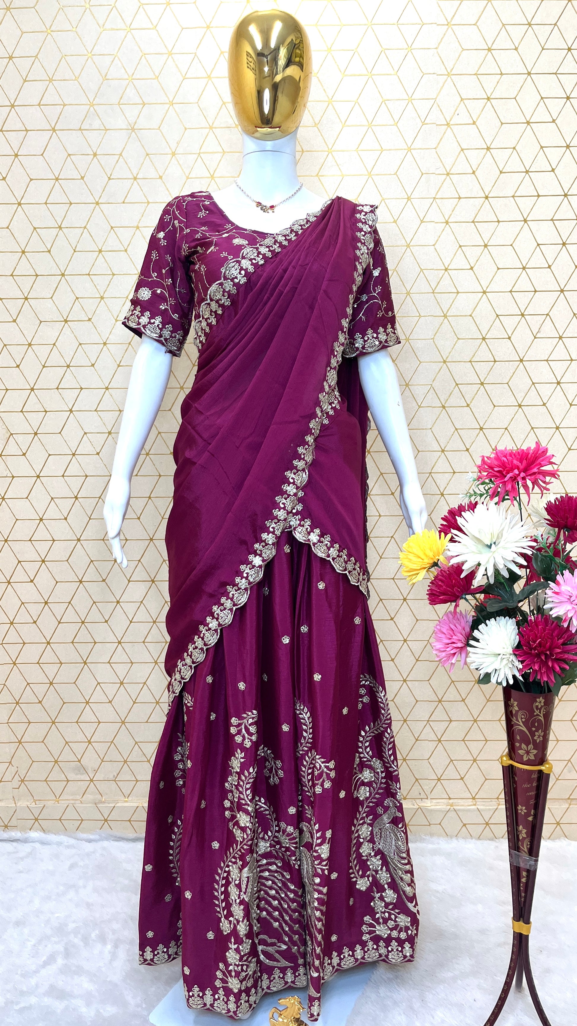 Chinon Silk Embroidered Lehenga Set with Dupatta – Fully Stitched