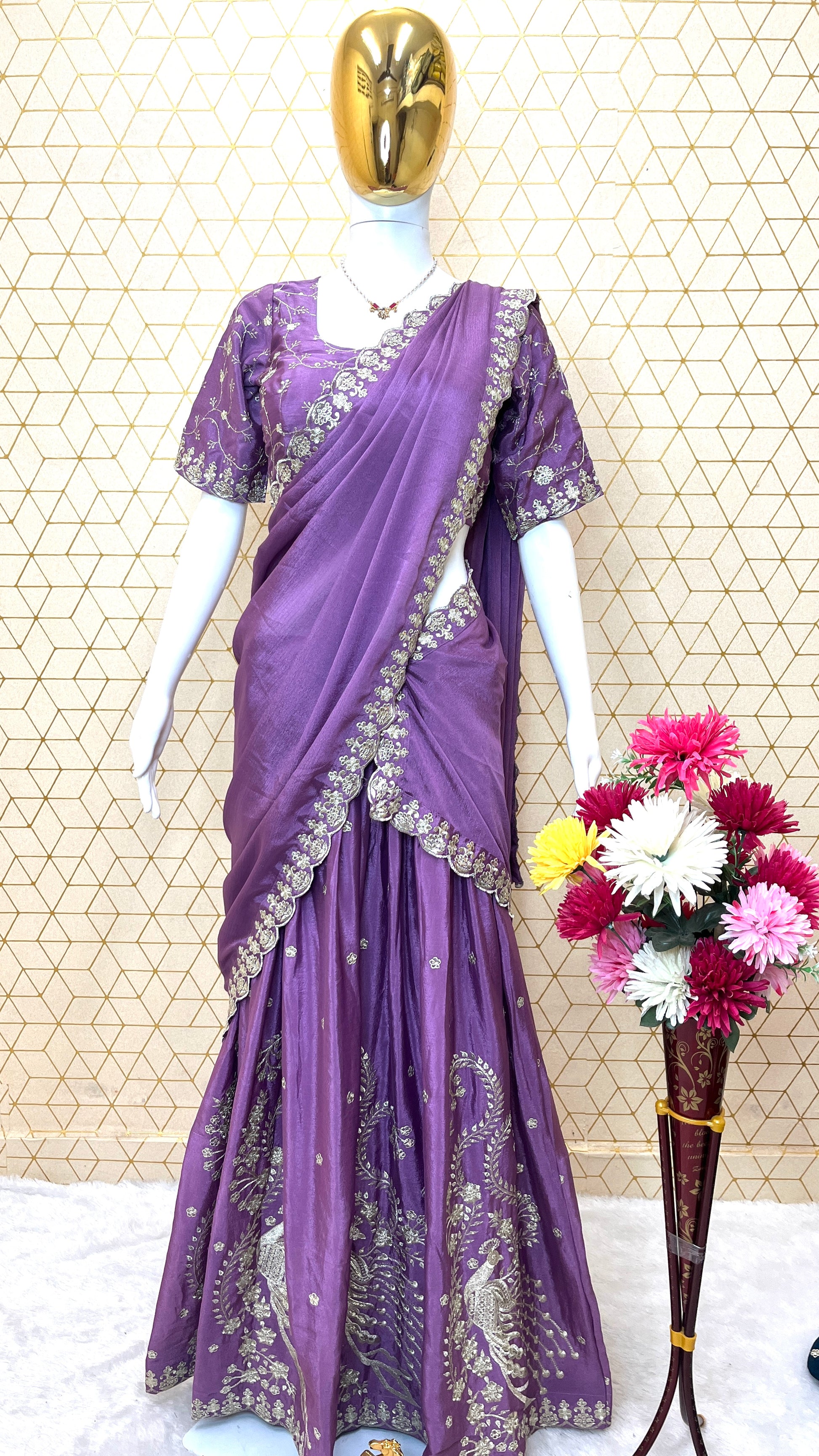 Chinon Silk Embroidered Lehenga Set with Dupatta – Fully Stitched