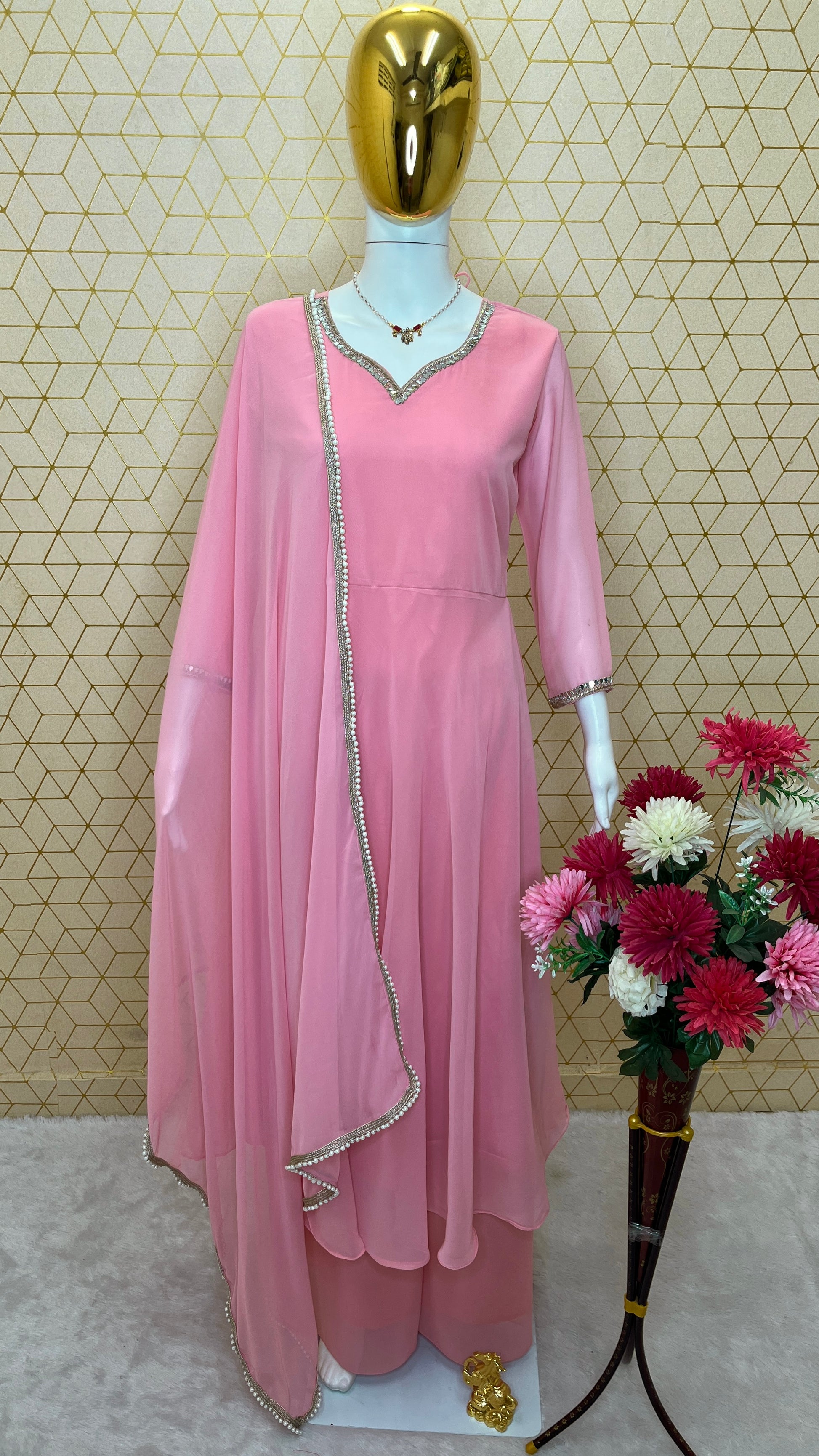 Blush Pink Georgette Anarkali Suit Set with Mirror Work & Palazzo – Full Stitched