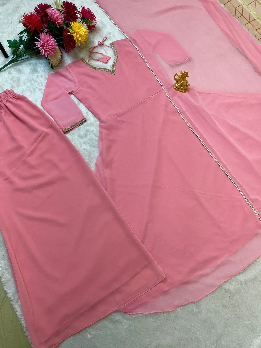 Blush Pink Georgette Anarkali Suit Set with Mirror Work & Palazzo – Full Stitched