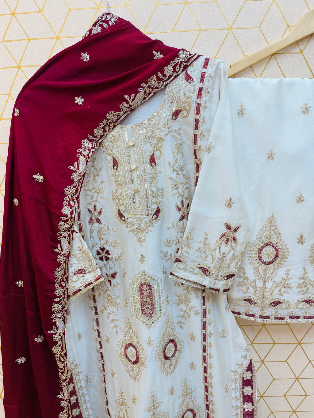 Elegant White & Maroon and Yellow Embroidered Chinon Silk Suit Set with Dupatta