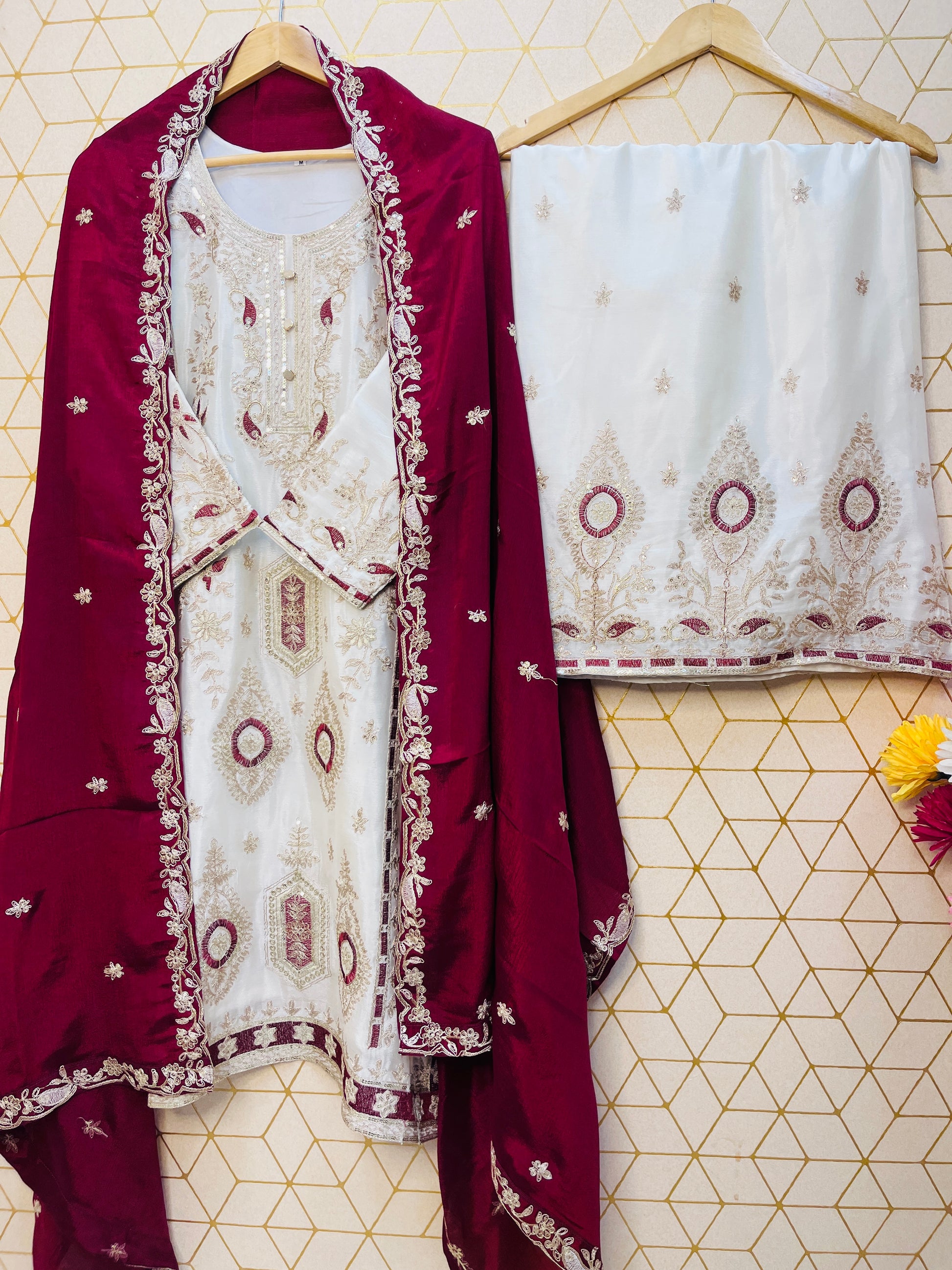 Elegant White & Maroon and Yellow Embroidered Chinon Silk Suit Set with Dupatta