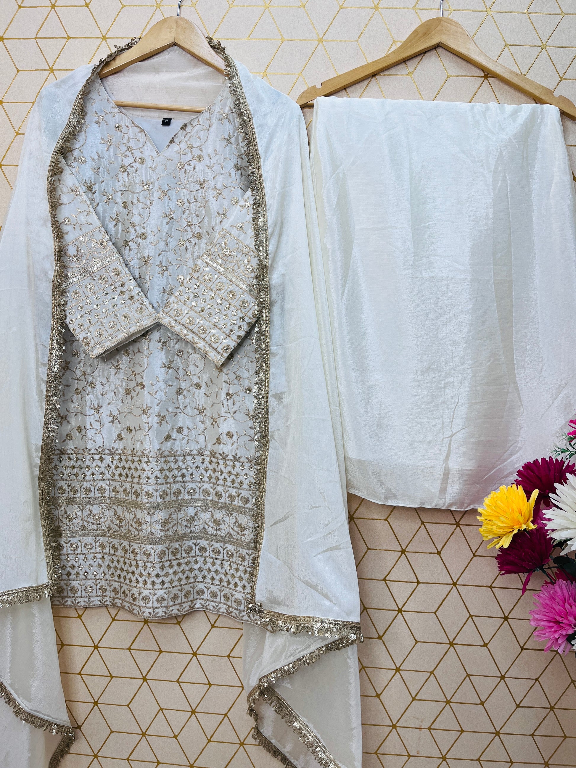 Graceful White Embroidered Chinon Silk Plazo Suit Set with Lace Dupatta