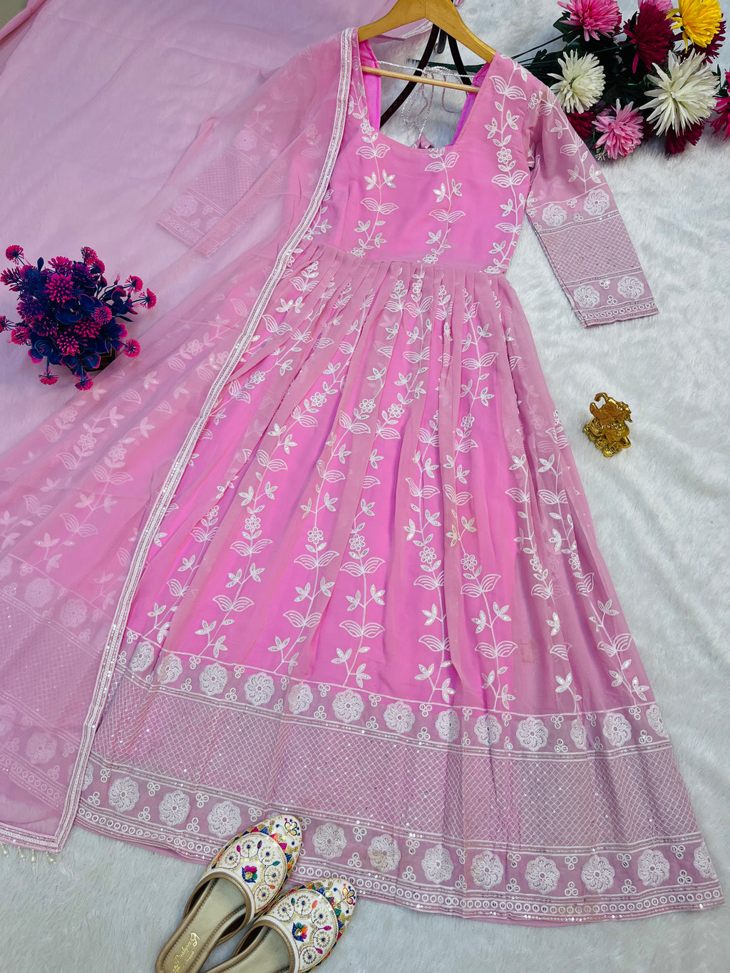 Pink Georgette Anarkali Dress with Dupatta – Embroidered Full Sleeve Suit