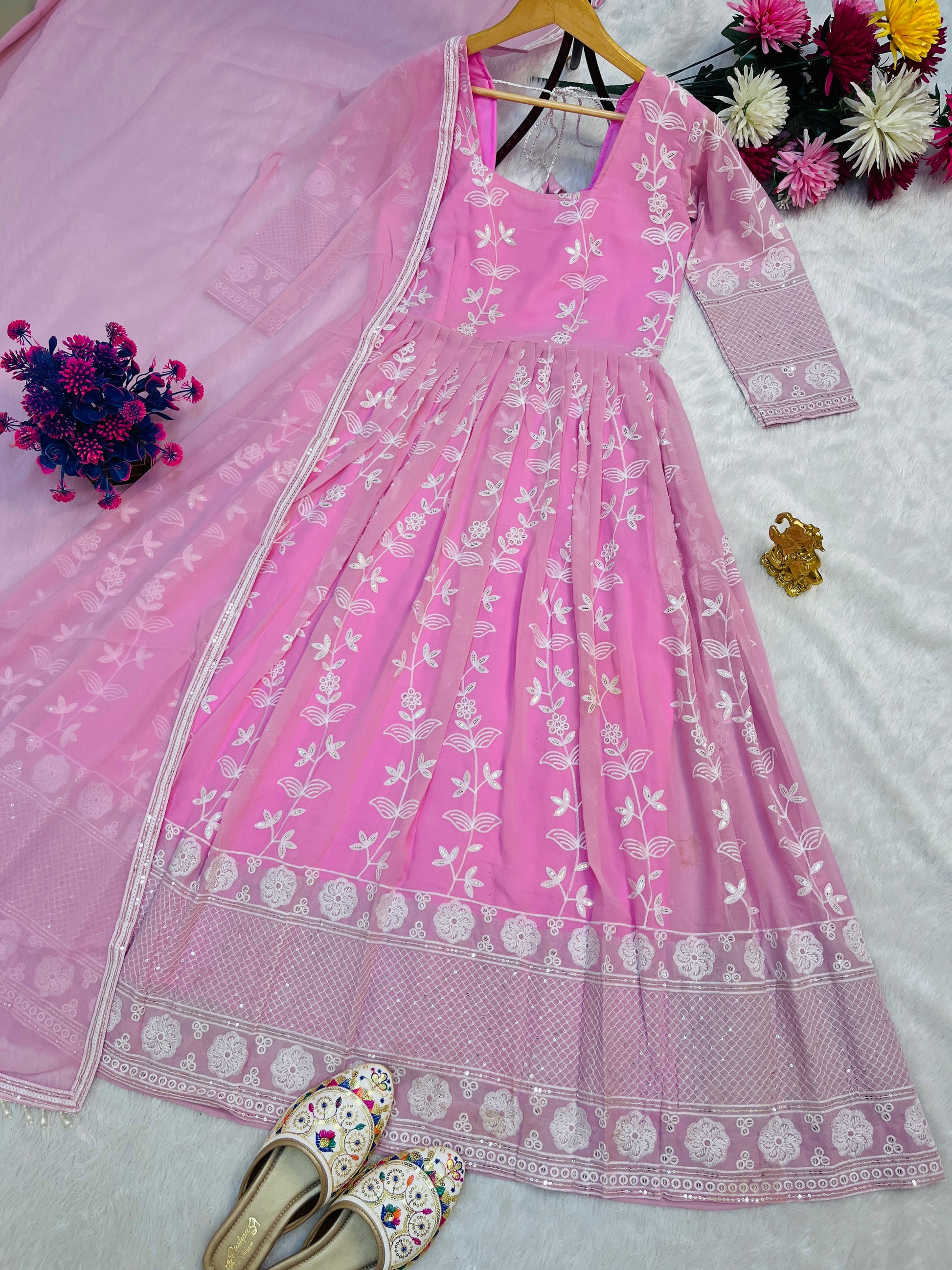 Pink Georgette Anarkali Dress with Dupatta – Embroidered Full Sleeve Suit