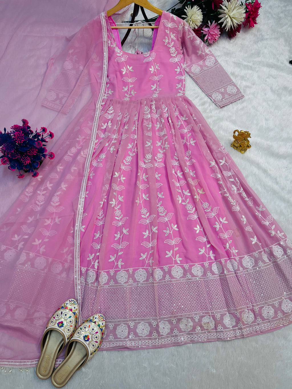 Pink Georgette Anarkali Dress with Dupatta – Embroidered Full Sleeve Suit