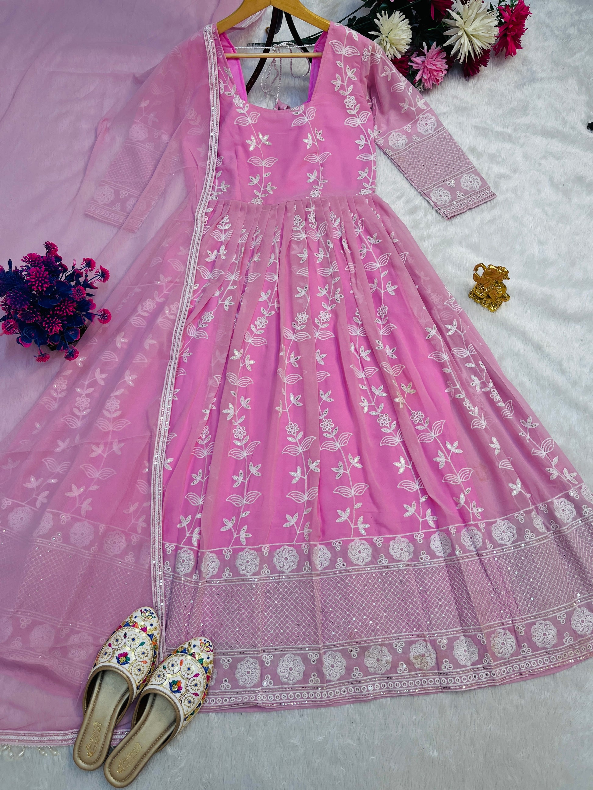Pink Georgette Anarkali Dress with Dupatta – Embroidered Full Sleeve Suit