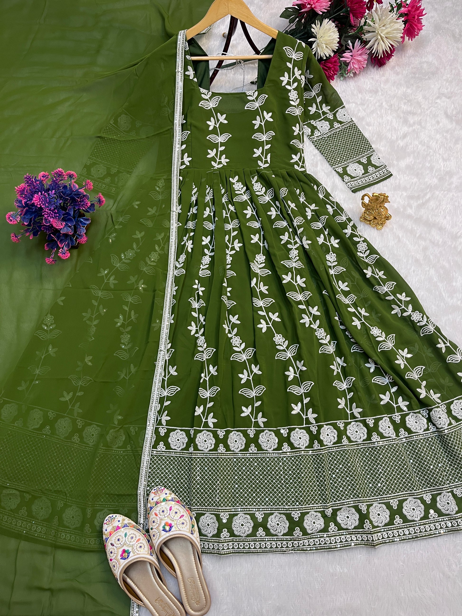 Blush Bloom Embroidered Anarkali Set | Fox Georgette Elegance