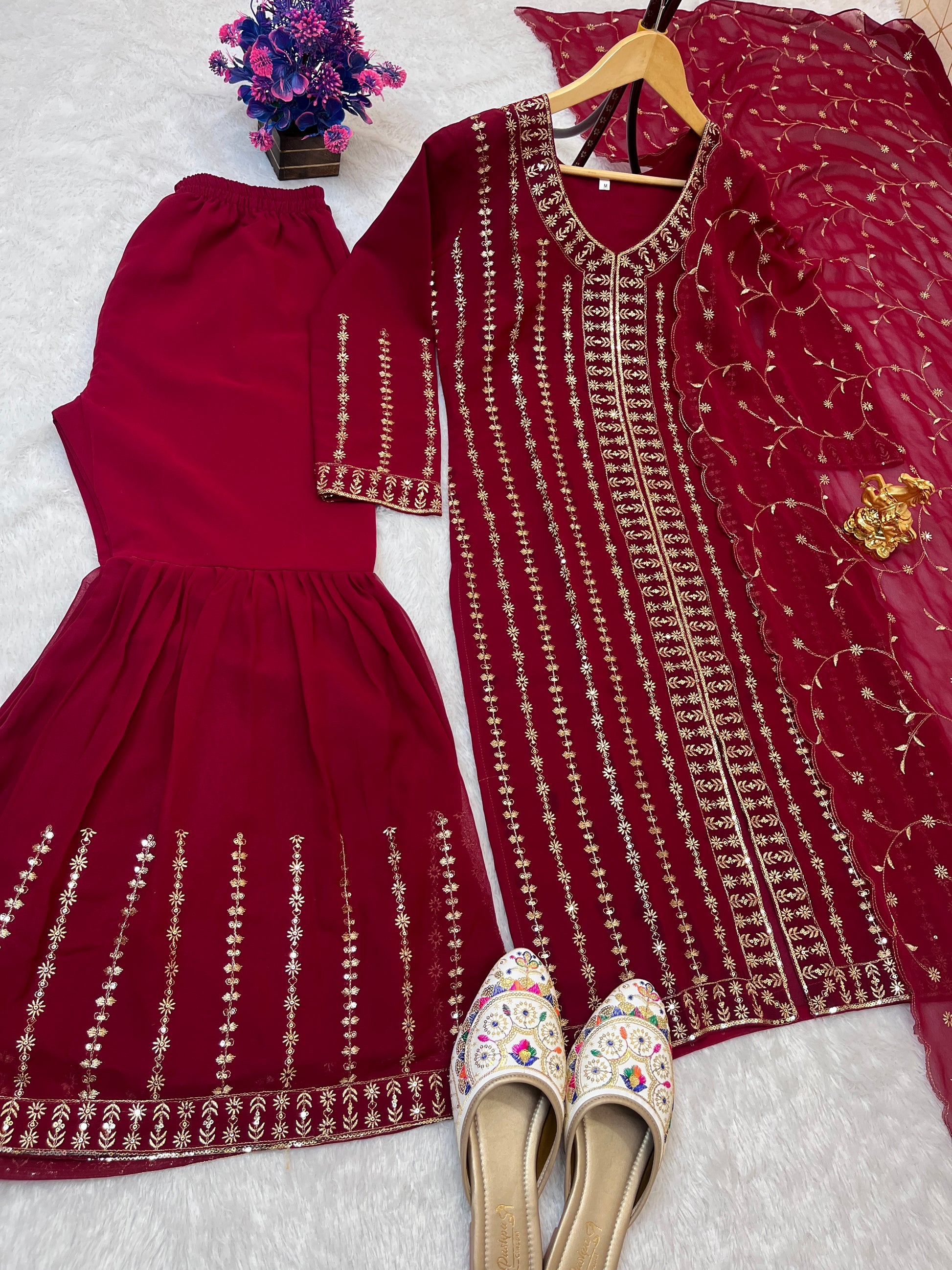 Rich Maroon Embroidered Faux Georgette Sharara Suit Set with Dupatta