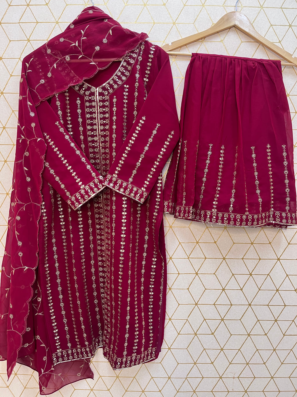 Rich Maroon Embroidered Faux Georgette Sharara Suit Set with Dupatta
