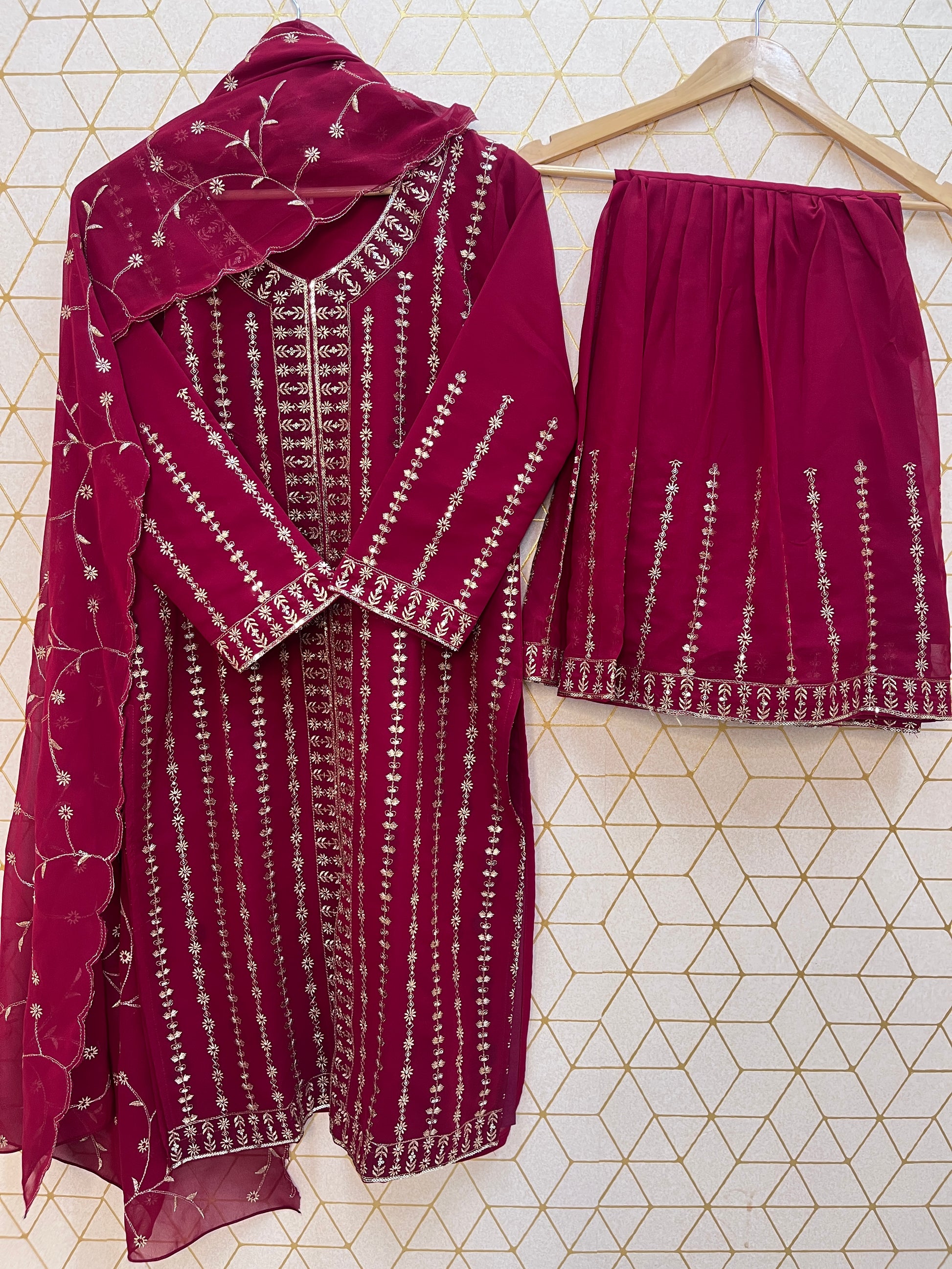 Rich Maroon Embroidered Faux Georgette Sharara Suit Set with Dupatta