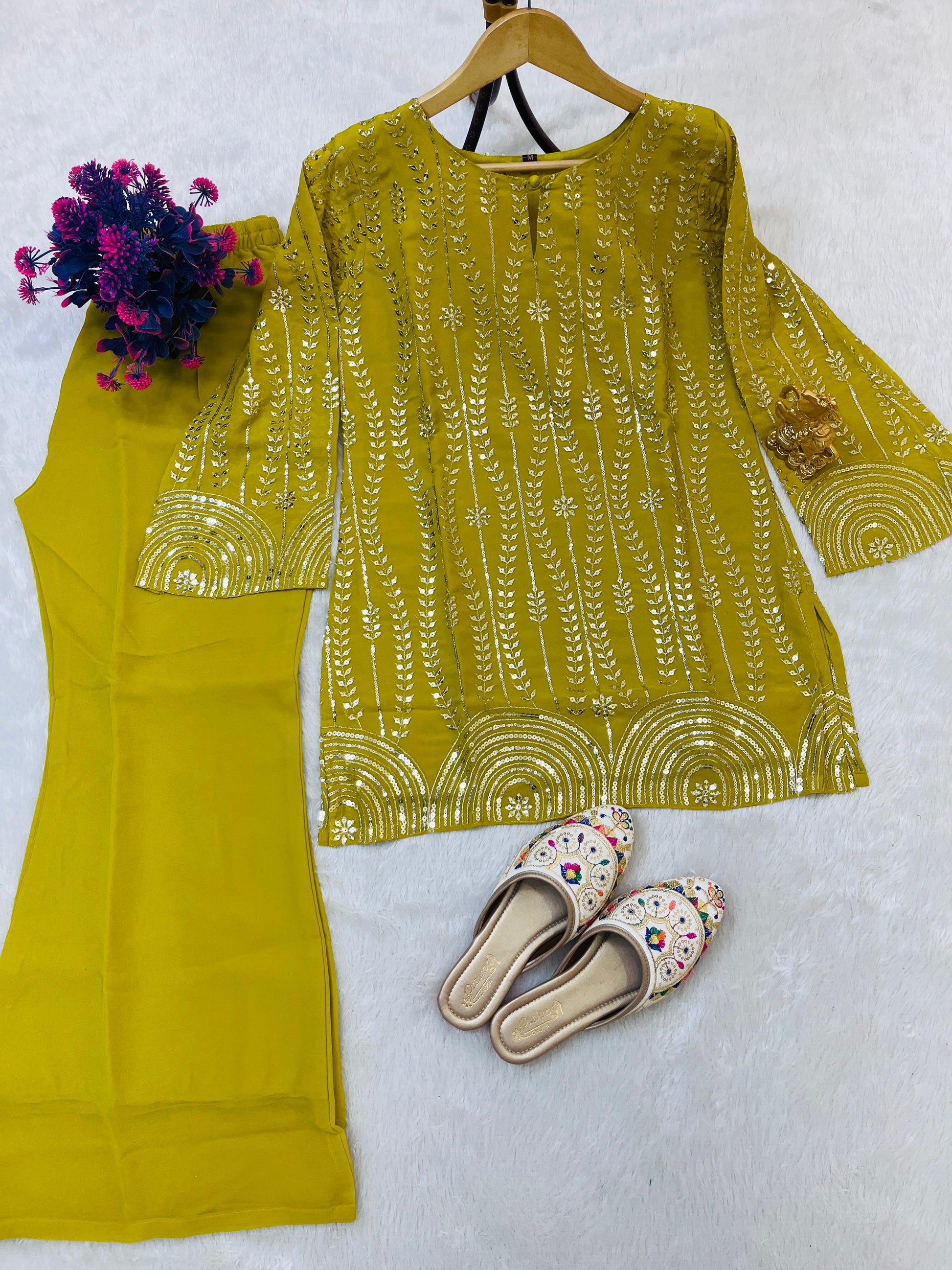 Chic Lime Yellow Fox Georgette Co-Ord Set with Sequin Embroidery – Fully Stitched