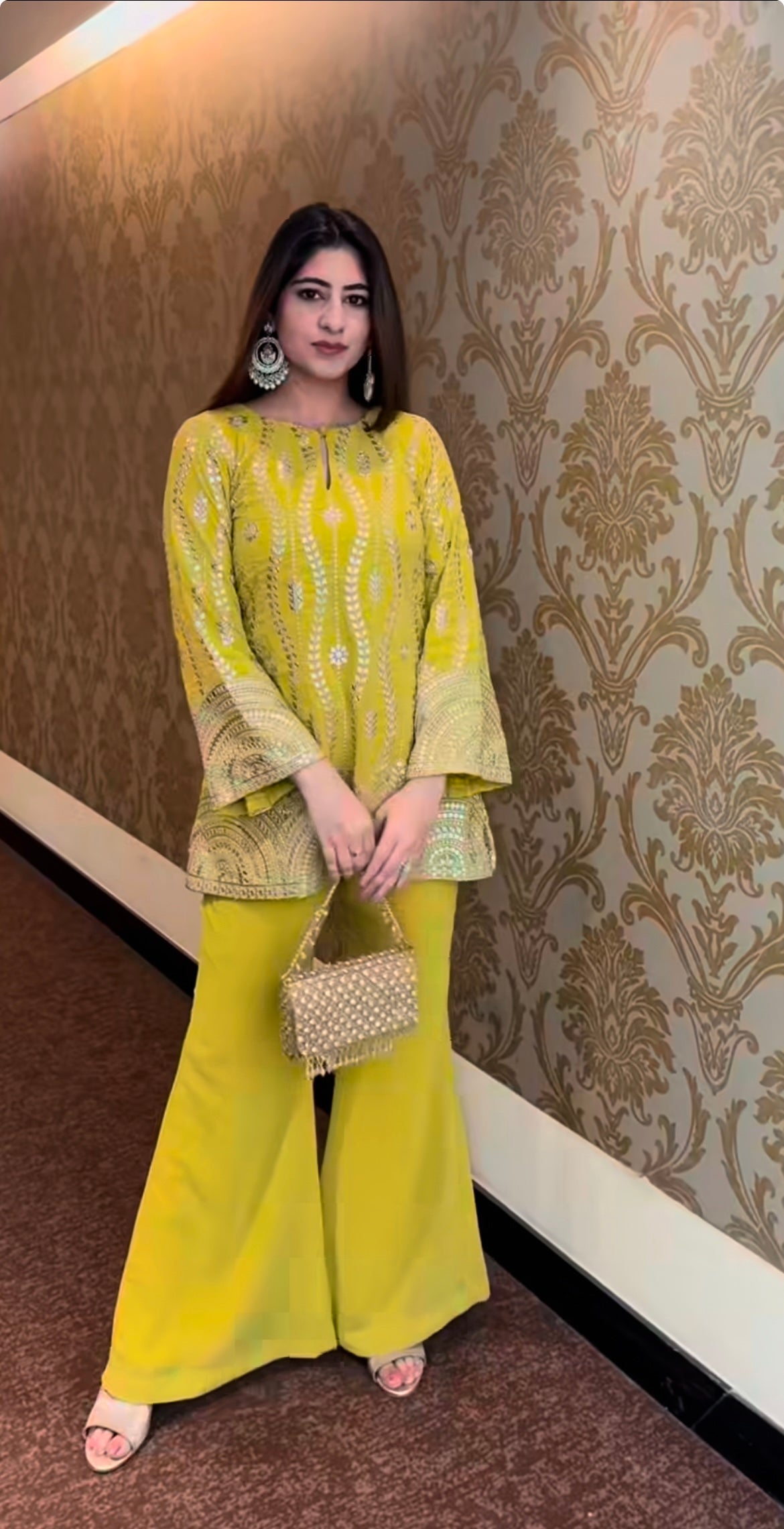 Chic Lime Yellow Fox Georgette Co-Ord Set with Sequin Embroidery – Fully Stitched