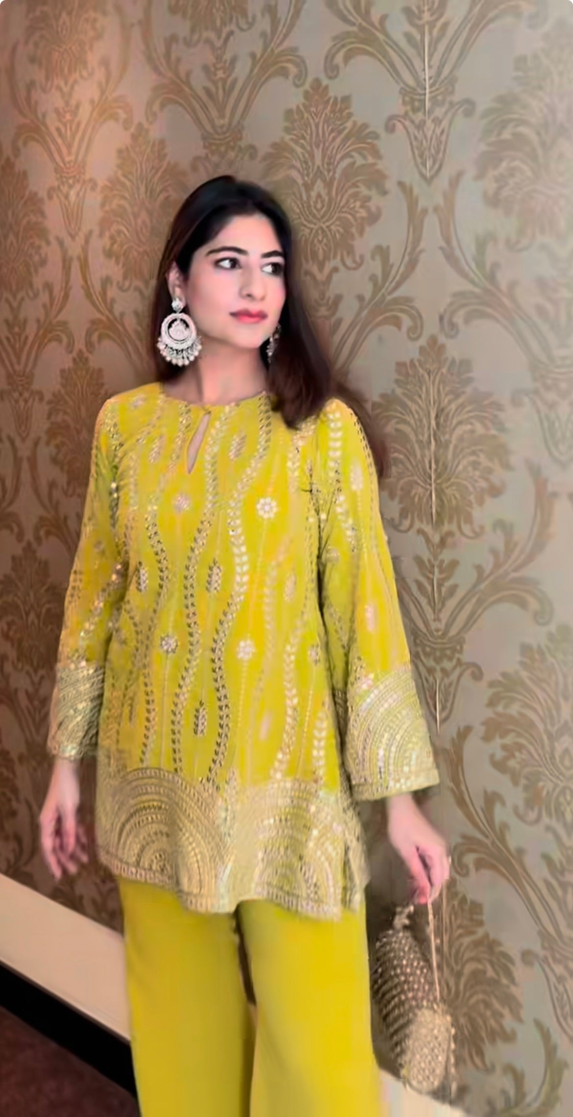 Chic Lime Yellow Fox Georgette Co-Ord Set with Sequin Embroidery – Fully Stitched
