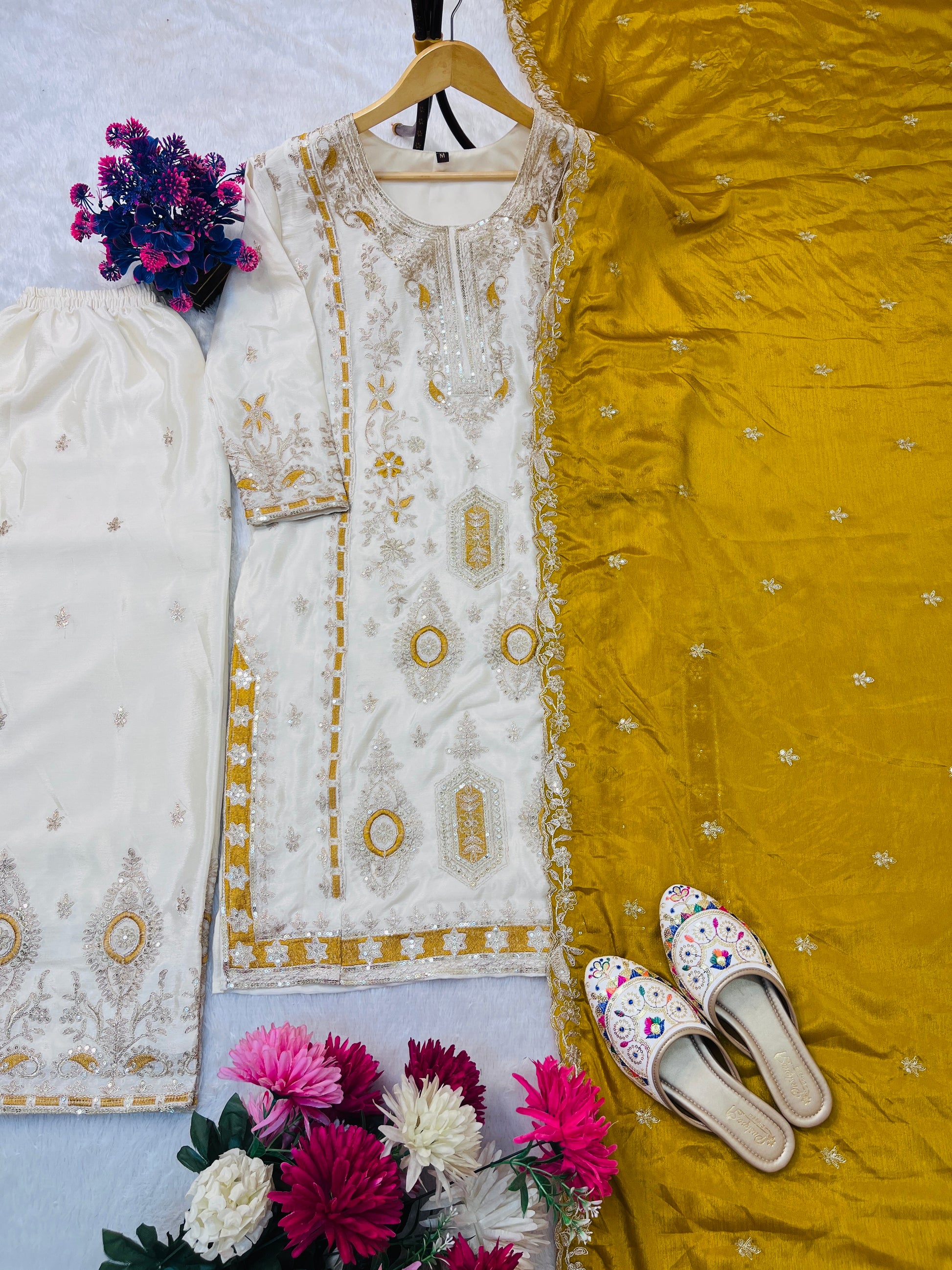 Elegant White & Maroon and Yellow Embroidered Chinon Silk Suit Set with Dupatta