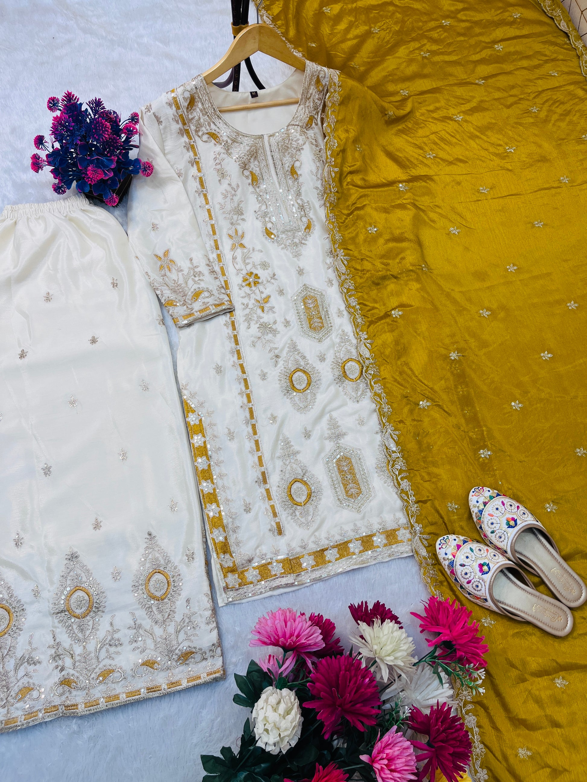 Elegant White & Maroon and Yellow Embroidered Chinon Silk Suit Set with Dupatta
