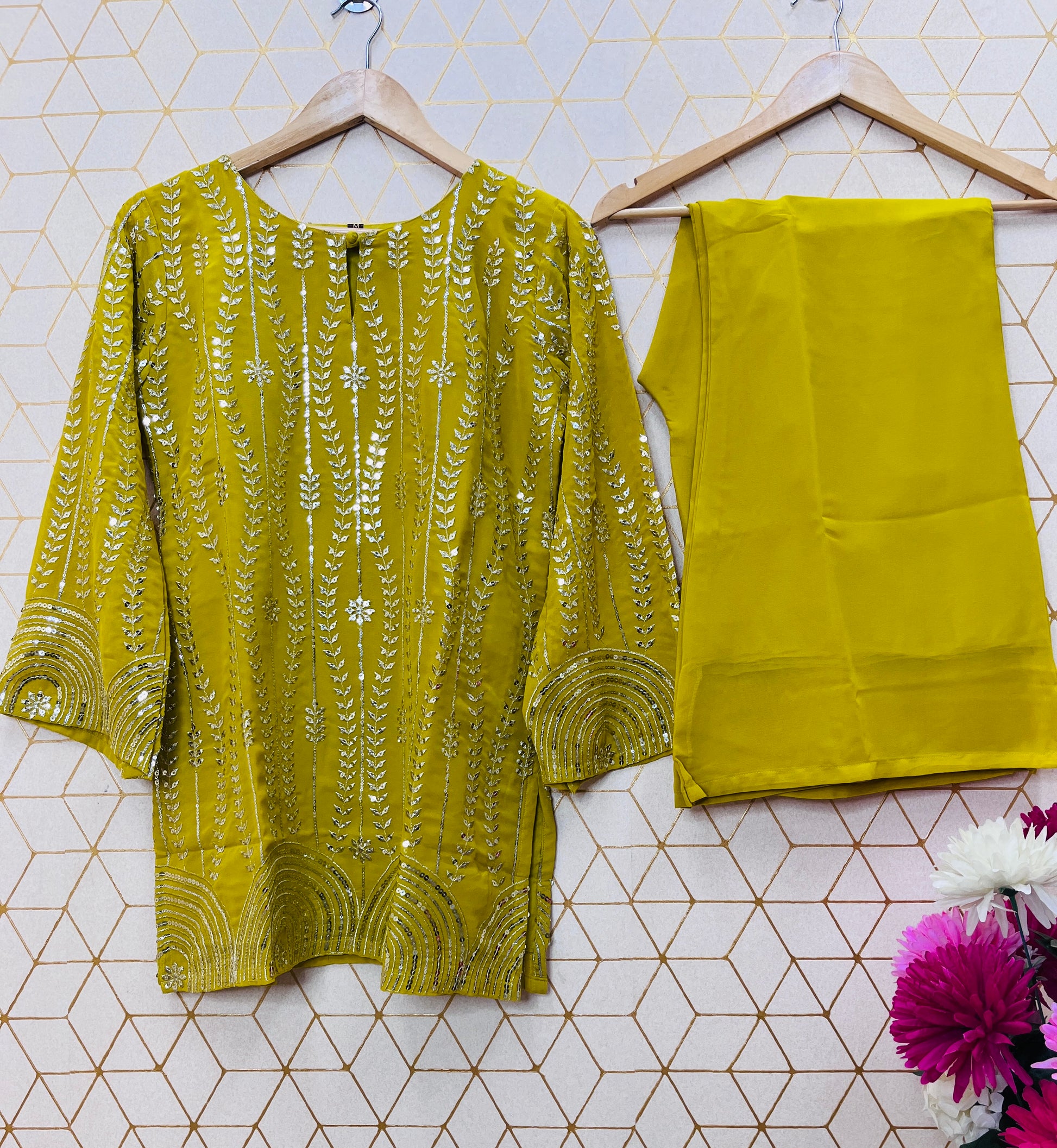 Chic Lime Yellow Fox Georgette Co-Ord Set with Sequin Embroidery – Fully Stitched