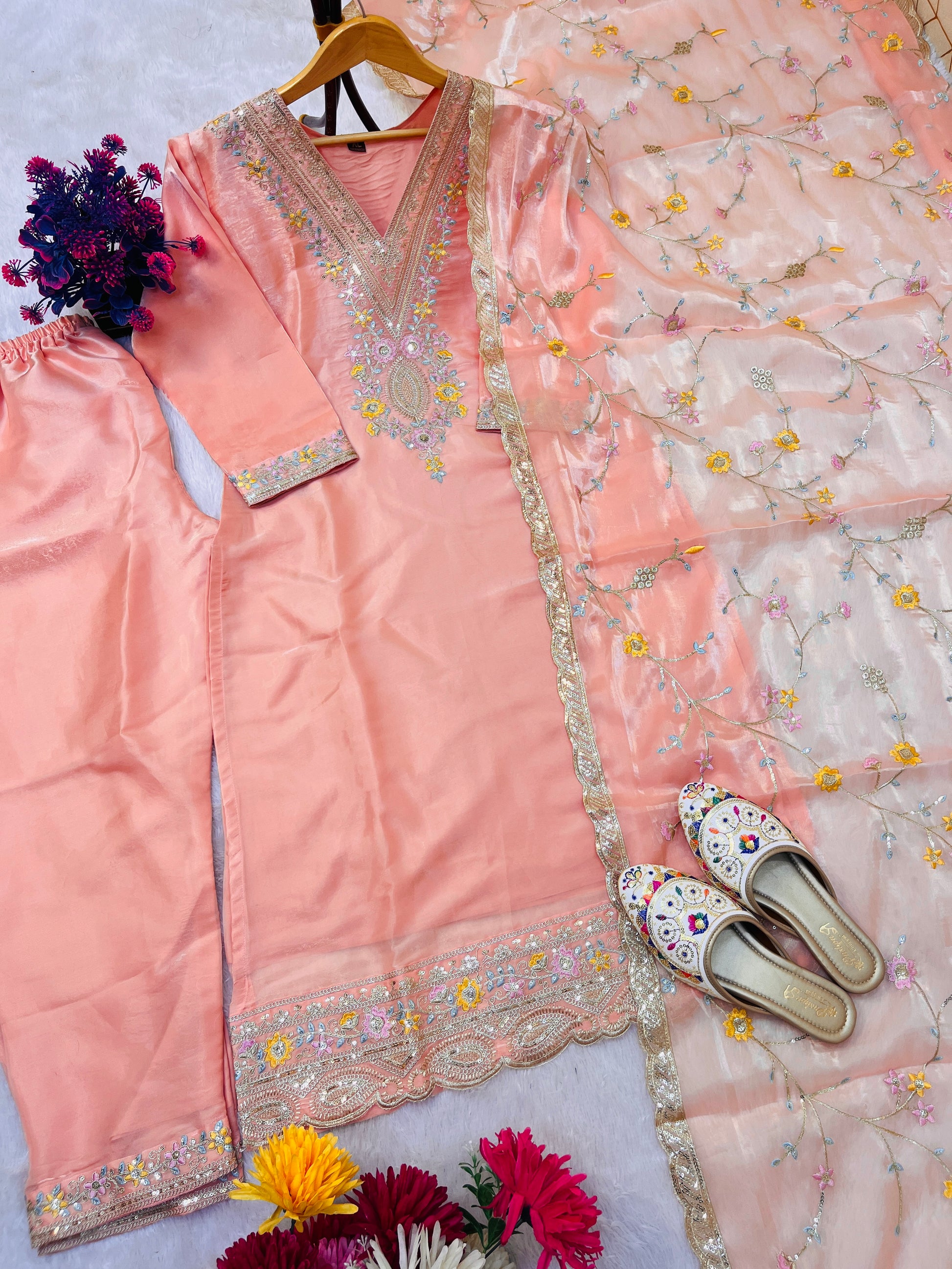 Elegant Peach Embroidered Jimmy Choo Silk Suit Set with Dupatta – Fully Stitched