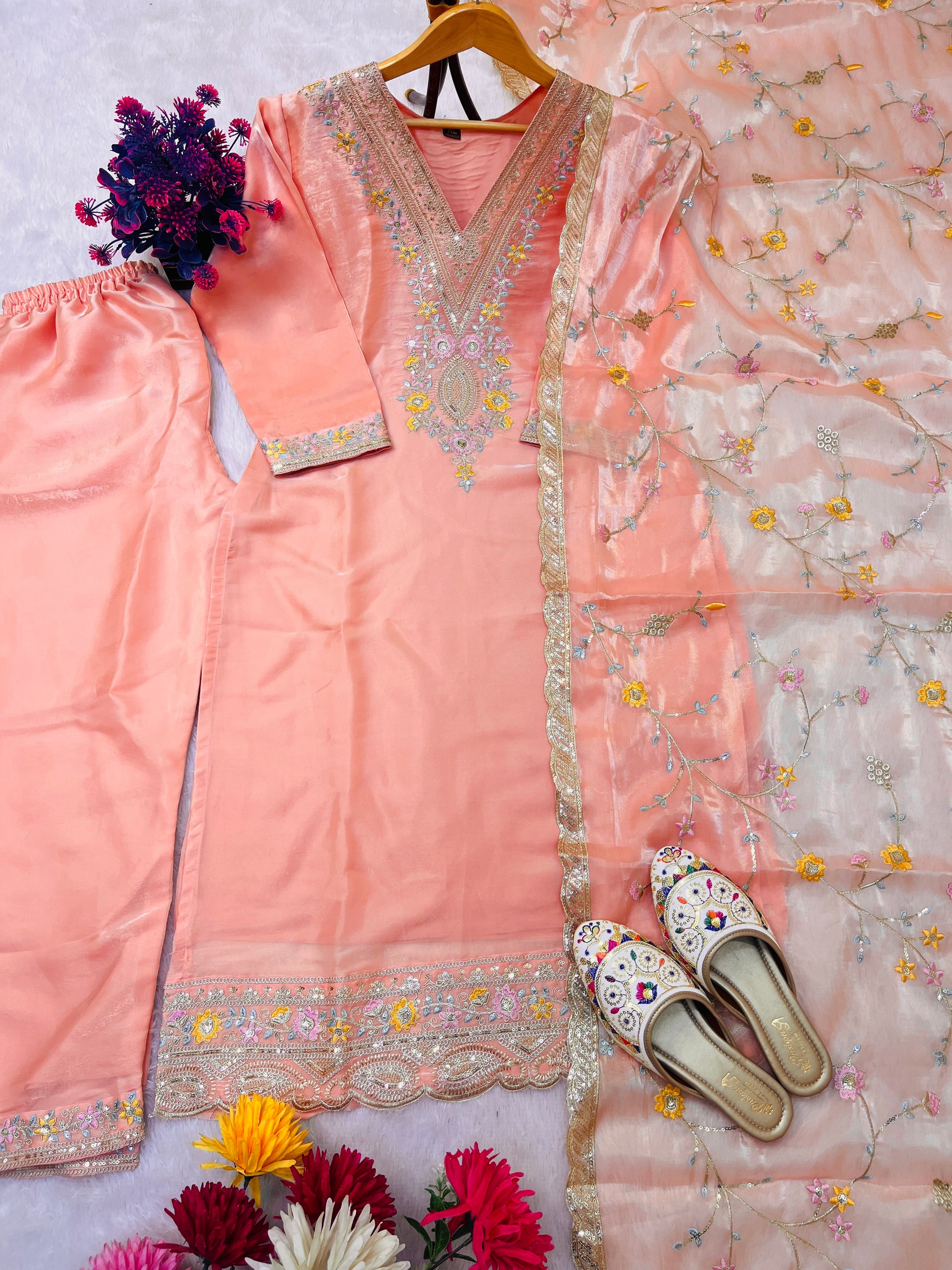Elegant Peach Embroidered Jimmy Choo Silk Suit Set with Dupatta – Fully Stitched