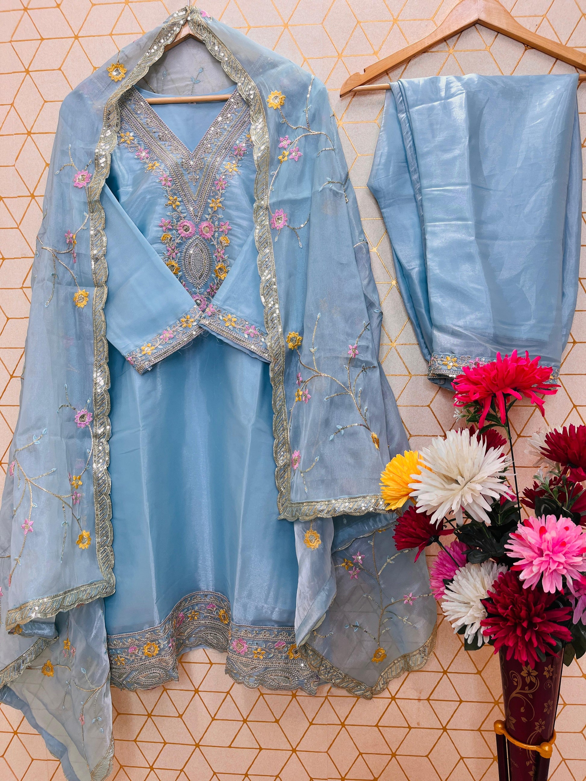Elegant Peach Jimmy Choo Silk Embroidered Suit Set with Heavy Sequence Work – Fully Stitched