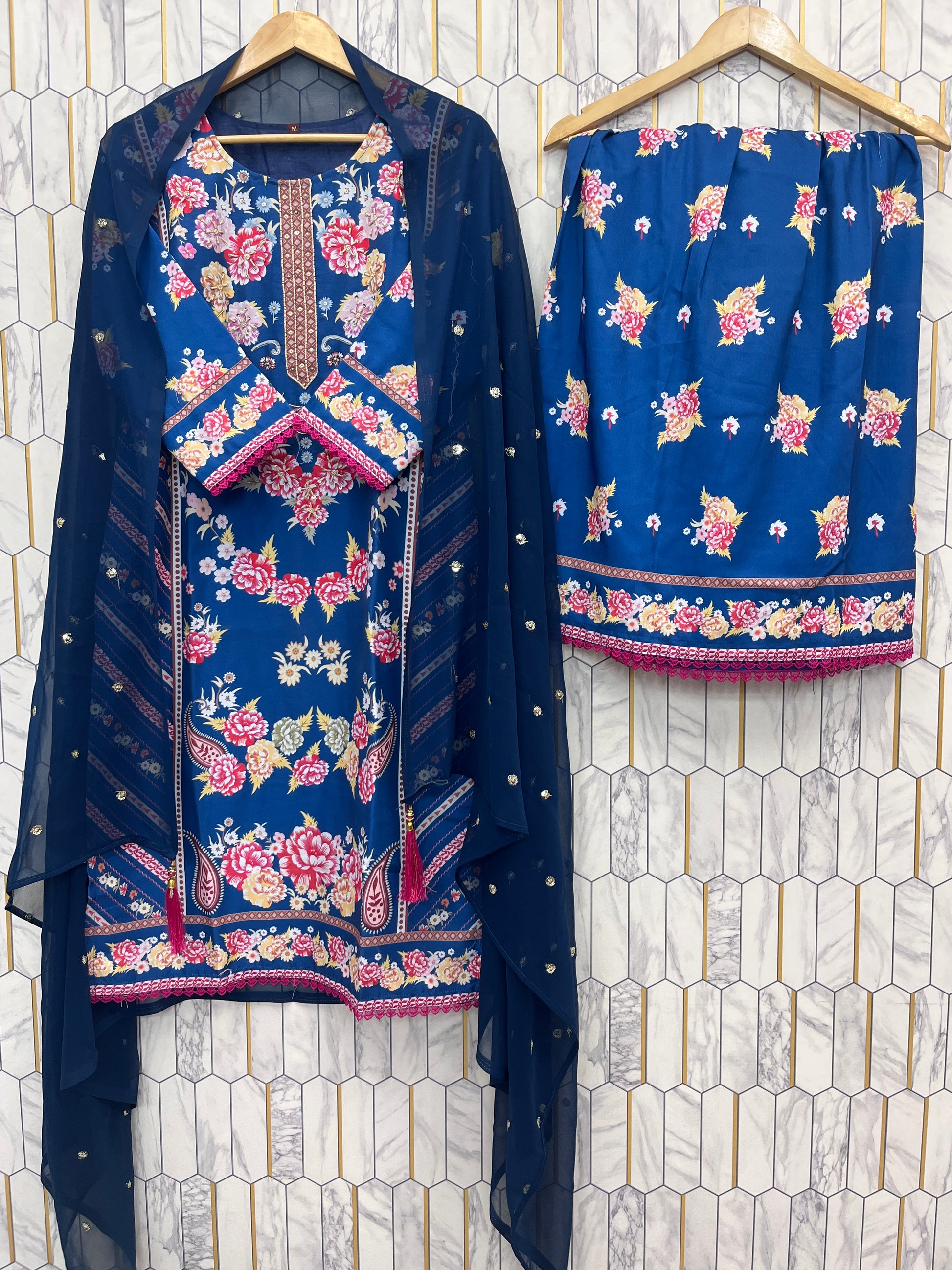 Floral Navy Blue Printed Reyon Suit Set with Embroidered Dupatta – Fully Stitched