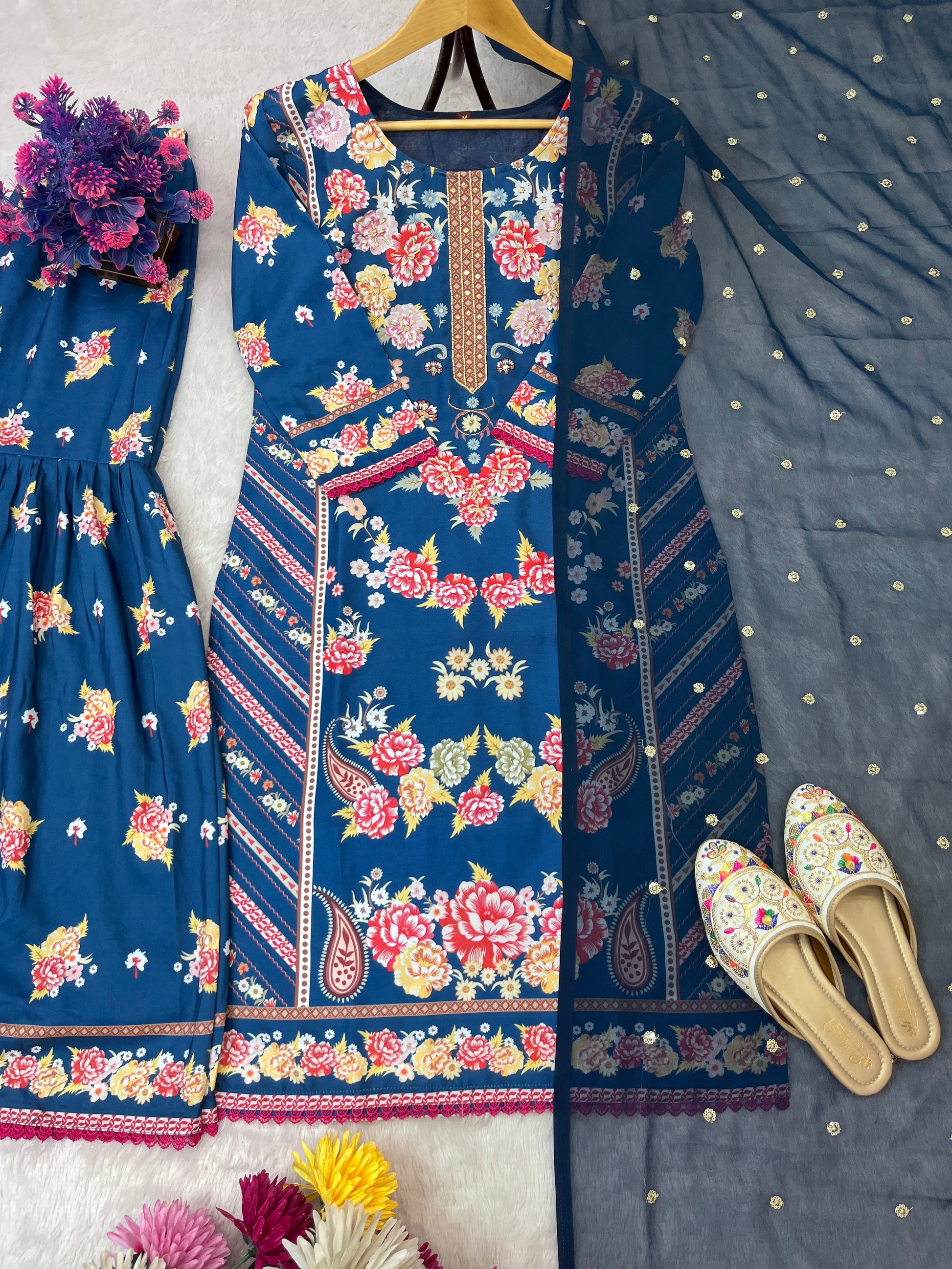 Floral Navy Blue Printed Reyon Suit Set with Embroidered Dupatta – Fully Stitched