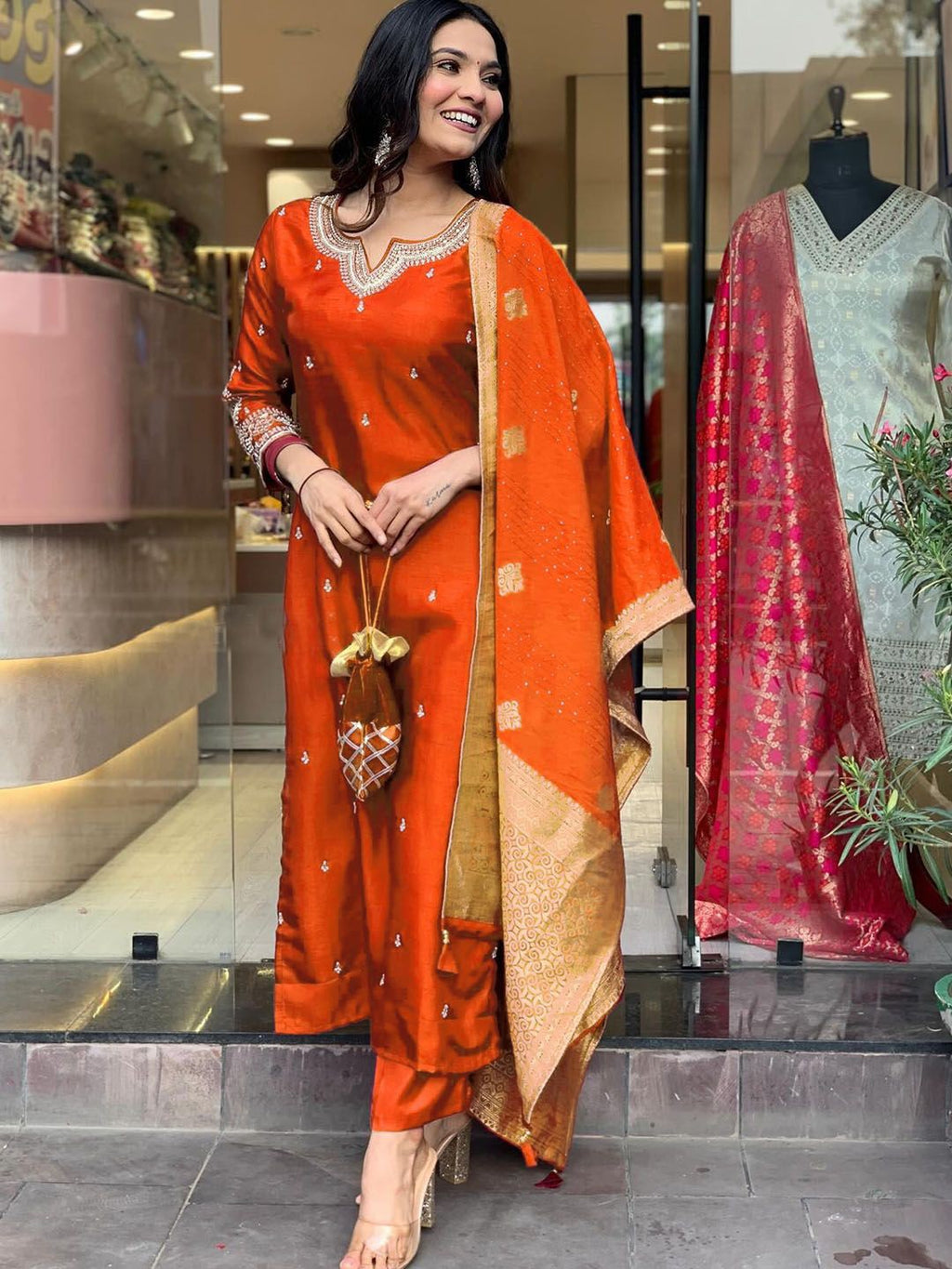 Radiant Rust Orange Embroidered Chanderi Silk Suit Set with Jacquard Dupatta