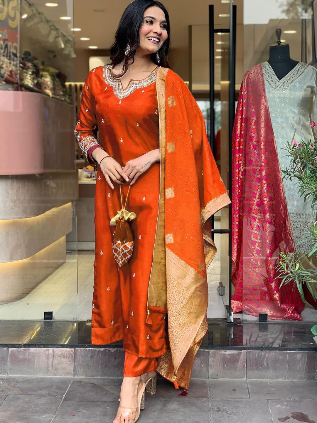 Radiant Rust Orange Embroidered Chanderi Silk Suit Set with Jacquard Dupatta