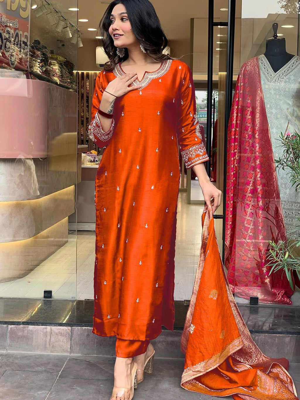 Radiant Rust Orange Embroidered Chanderi Silk Suit Set with Jacquard Dupatta