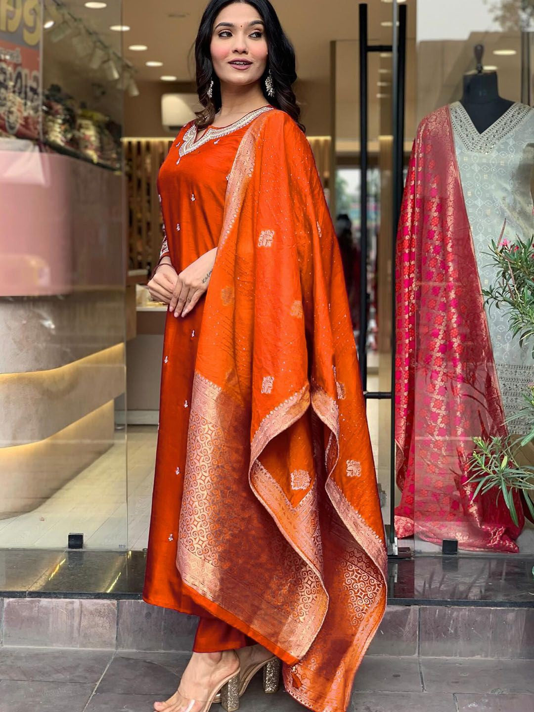 Radiant Rust Orange Embroidered Chanderi Silk Suit Set with Jacquard Dupatta