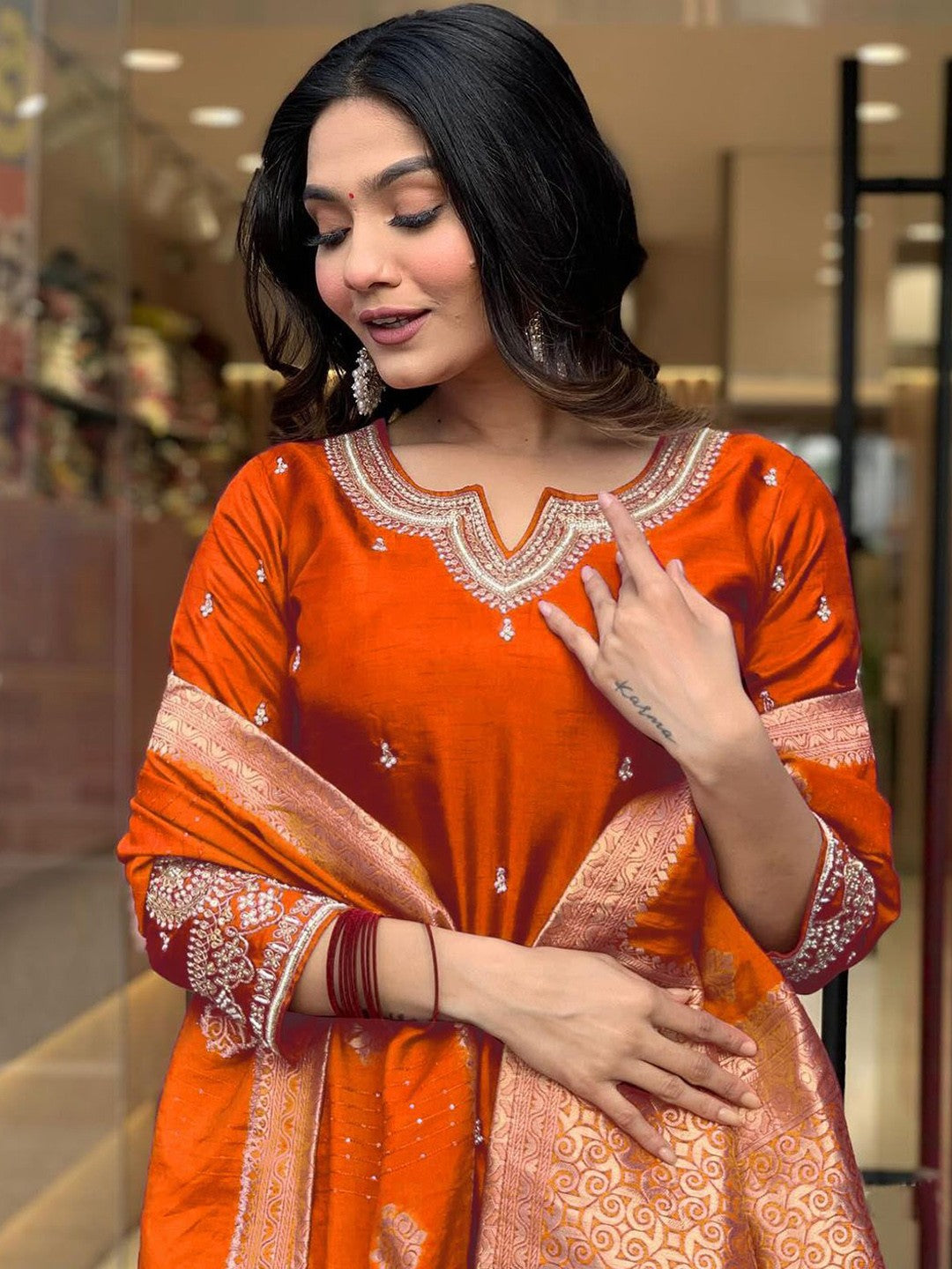 Radiant Rust Orange Embroidered Chanderi Silk Suit Set with Jacquard Dupatta