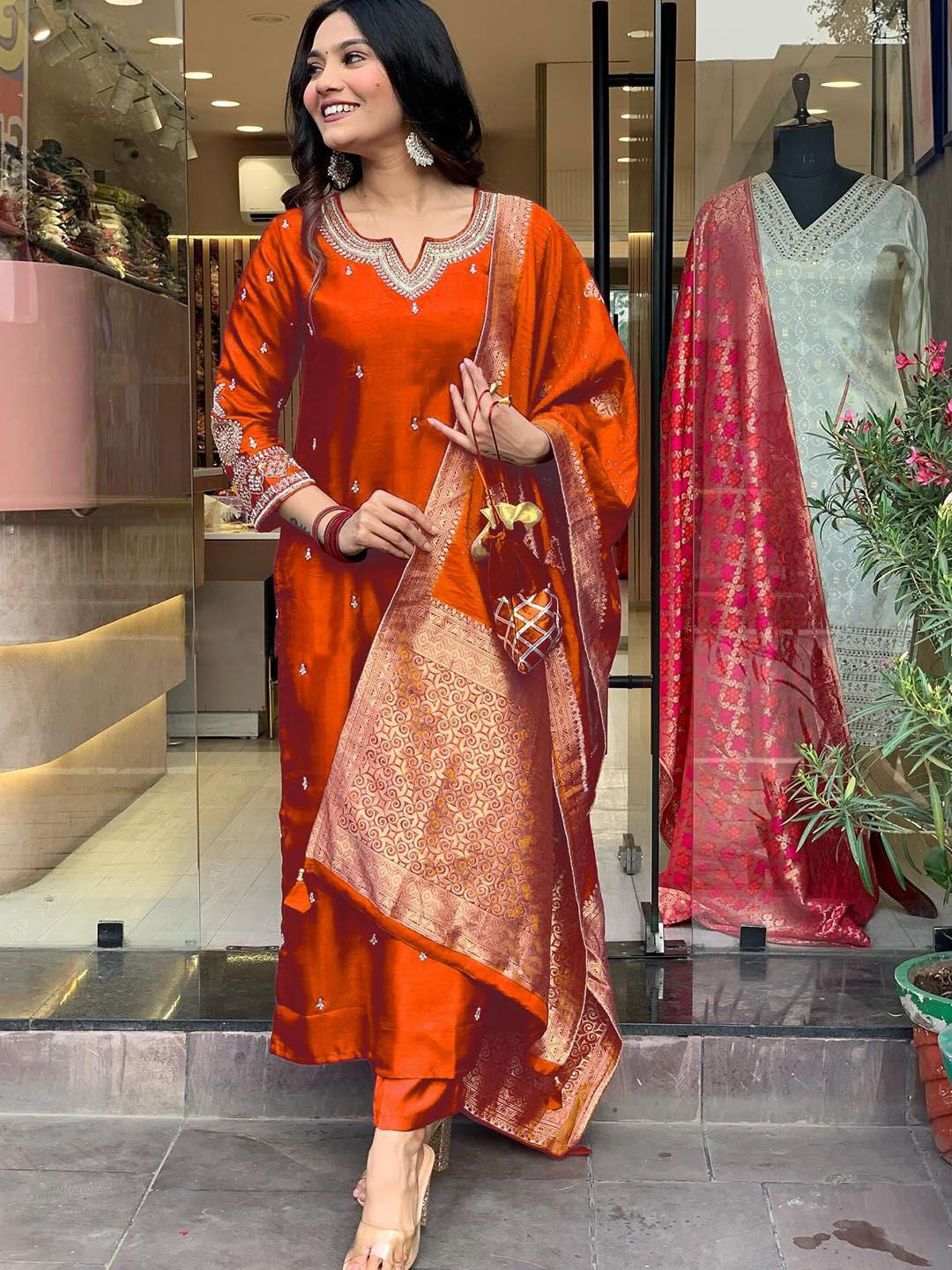 Radiant Rust Orange Embroidered Chanderi Silk Suit Set with Jacquard Dupatta