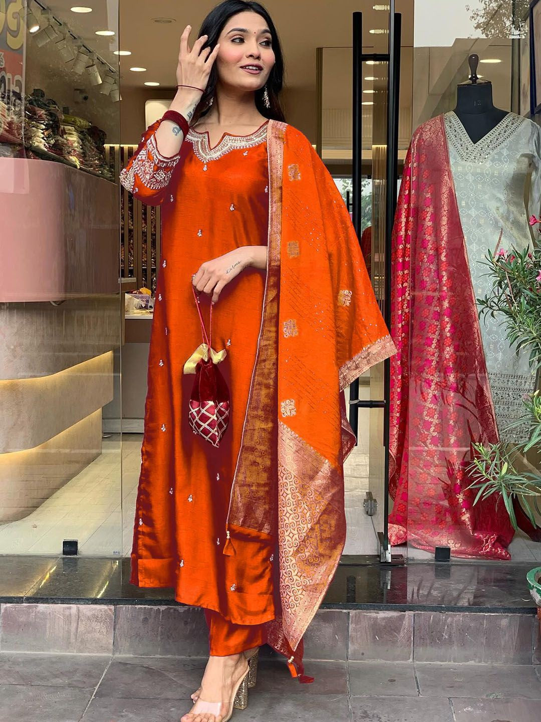 Radiant Rust Orange Embroidered Chanderi Silk Suit Set with Jacquard Dupatta
